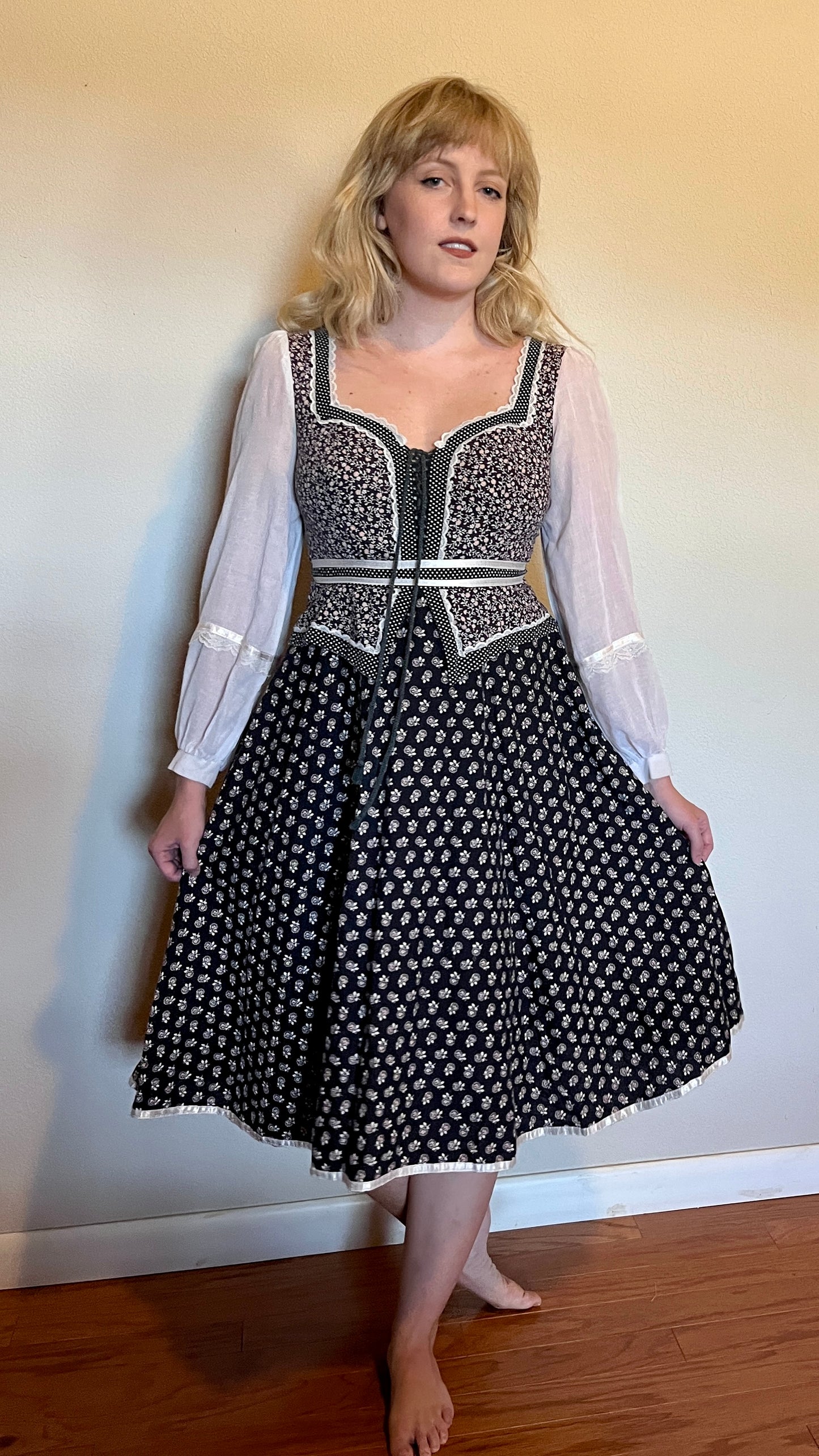 Vintage 1970’s "Gunne Sax by Jessica McClintock" Black & Purple Peplum Midi Dress (Altered)