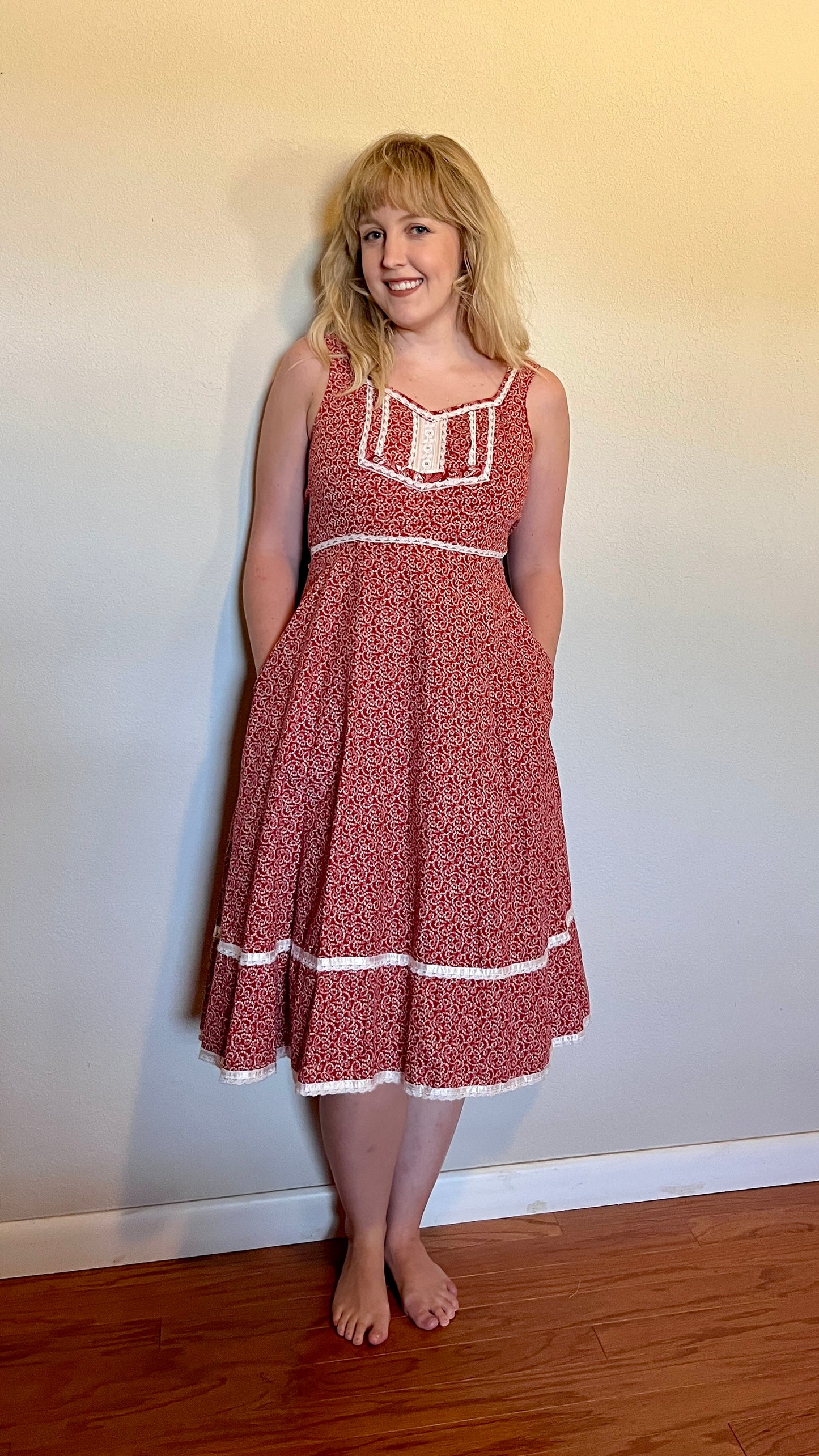 Vintage 1970’s "Gunne Sax by Jessica McClintock" Red Calico Midi Dress (Altered)