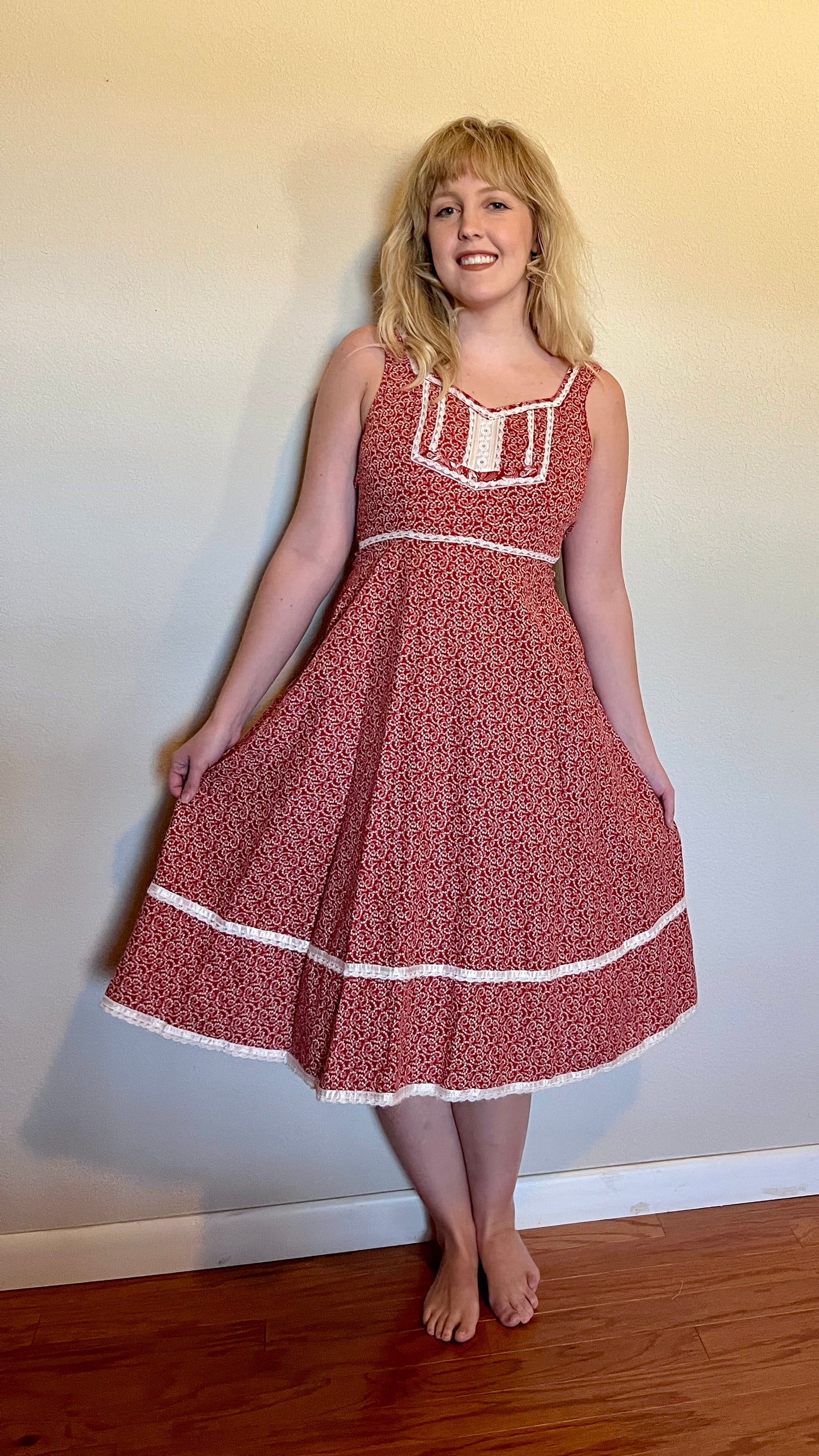 Vintage 1970’s "Gunne Sax by Jessica McClintock" Red Calico Midi Dress (Altered)