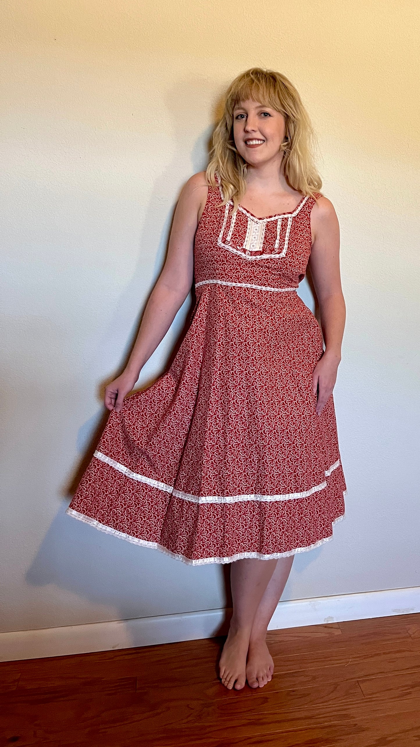 Vintage 1970’s "Gunne Sax by Jessica McClintock" Red Calico Midi Dress (Altered)