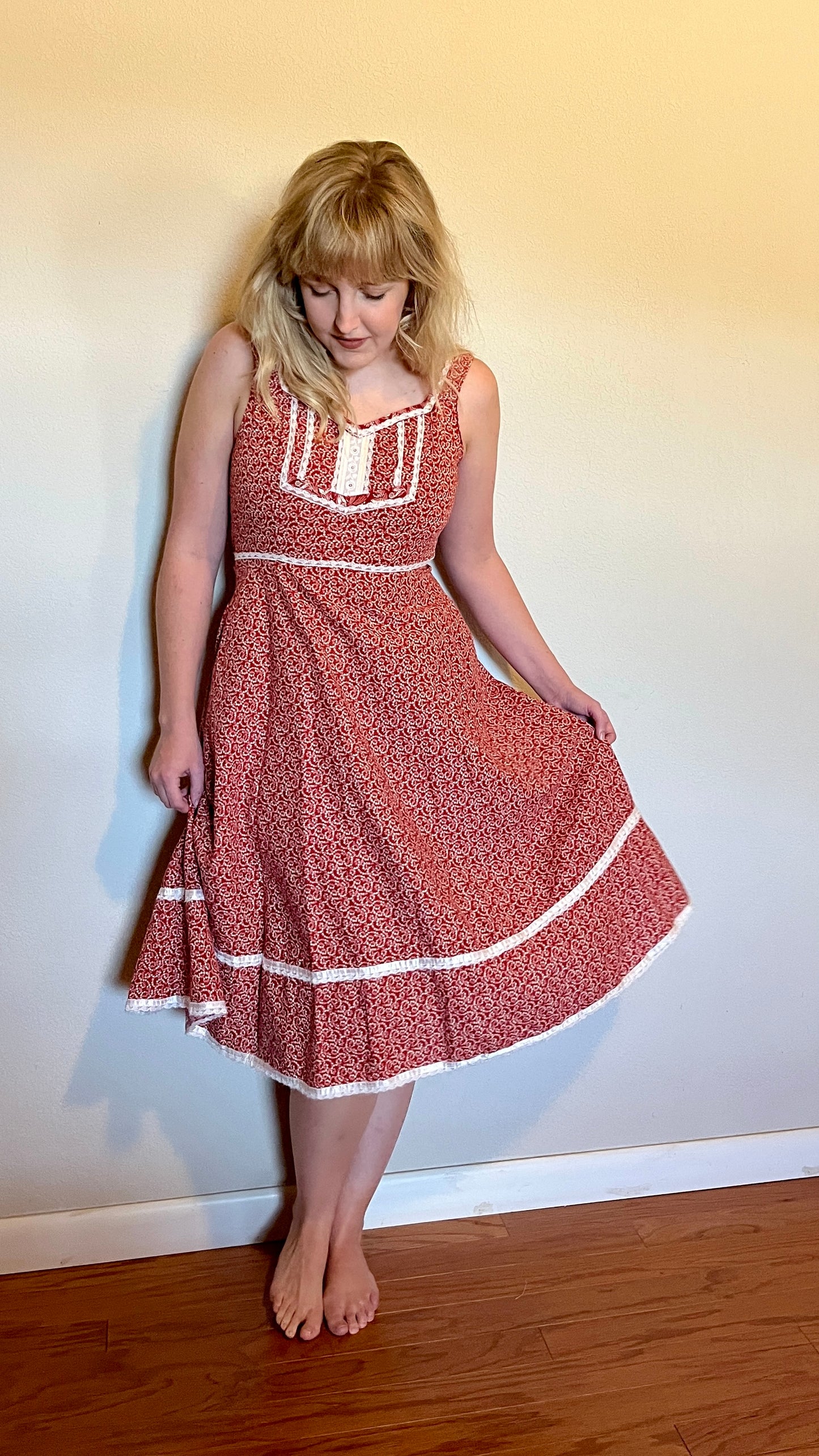 Vintage 1970’s "Gunne Sax by Jessica McClintock" Red Calico Midi Dress (Altered)