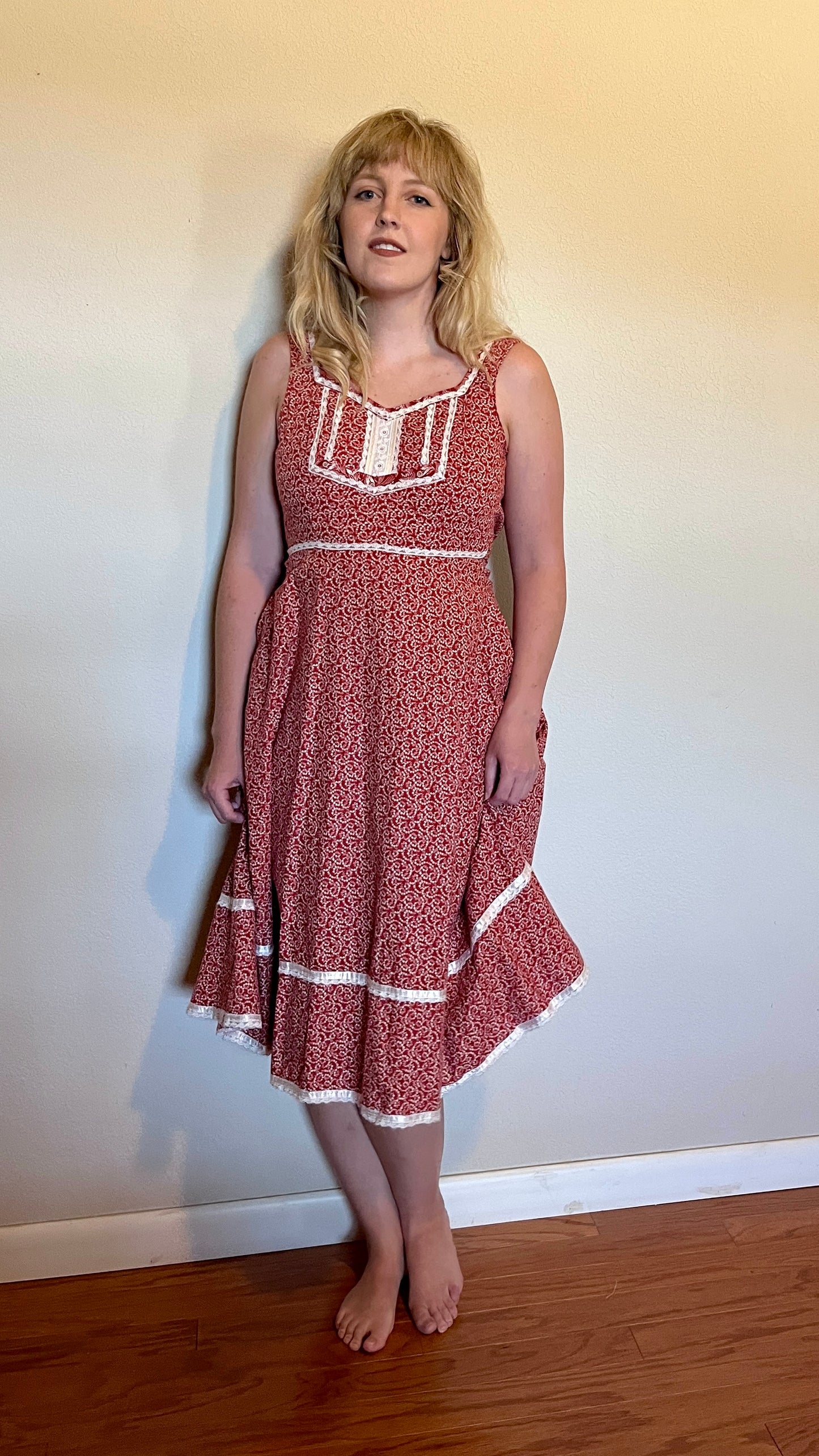 Vintage 1970’s "Gunne Sax by Jessica McClintock" Red Calico Midi Dress (Altered)