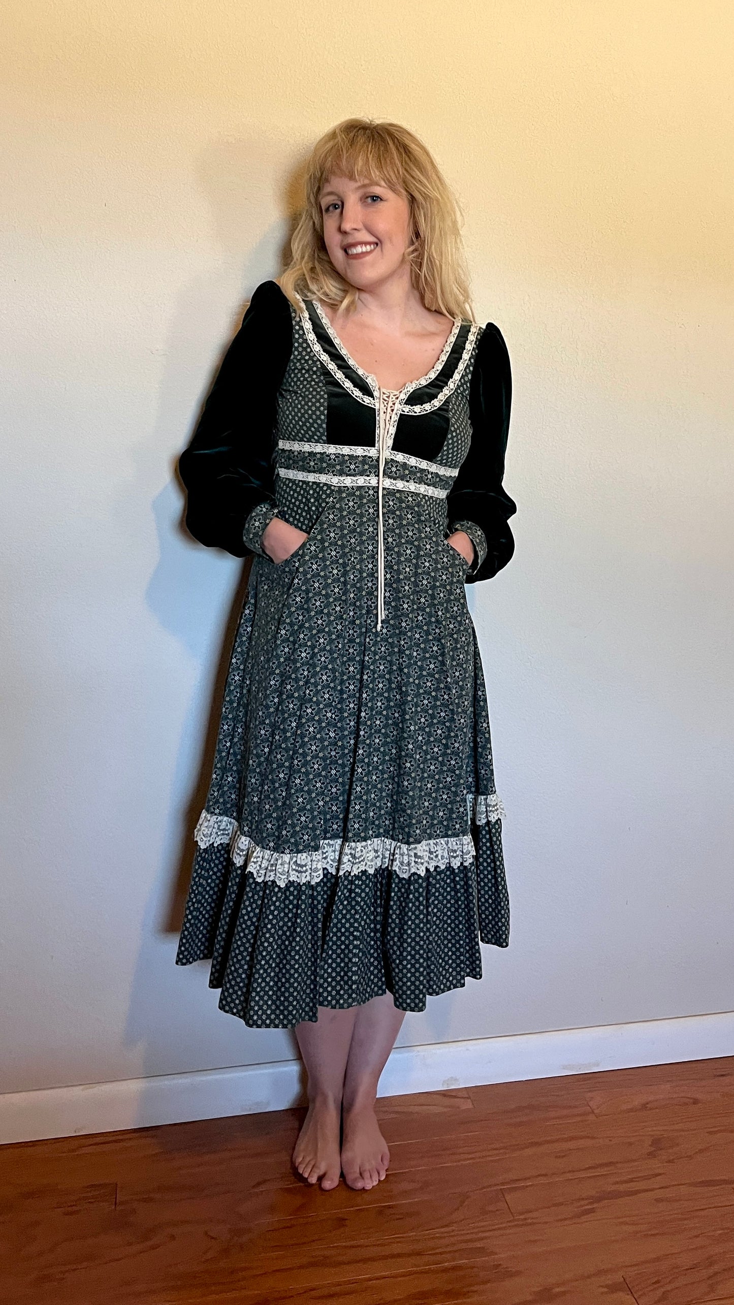 Vintage 1970’s "Gunne Sax by Jessica McClintock" Green Calico Midi Dress (Altered)