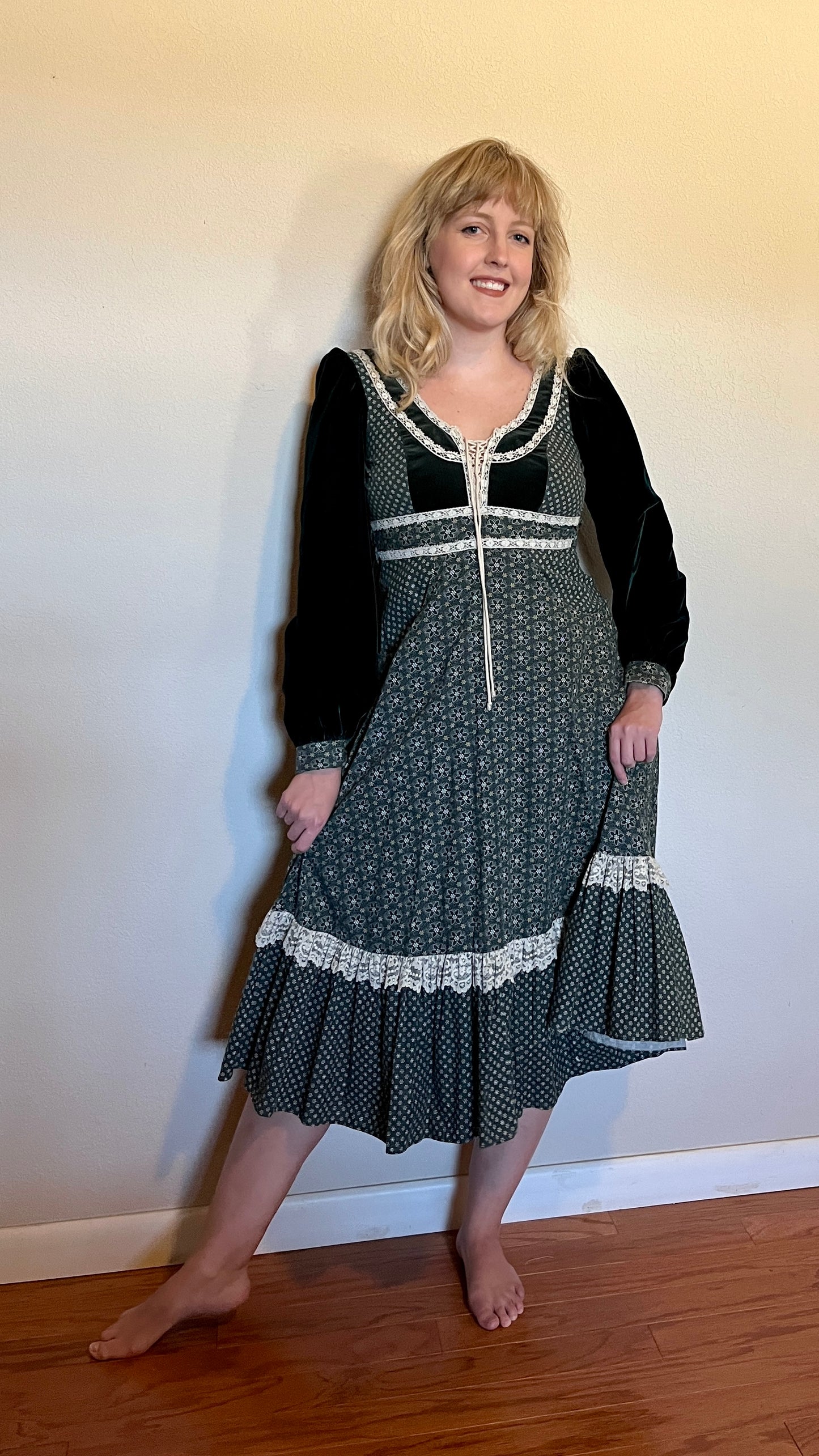 Vintage 1970’s "Gunne Sax by Jessica McClintock" Green Calico Midi Dress (Altered)
