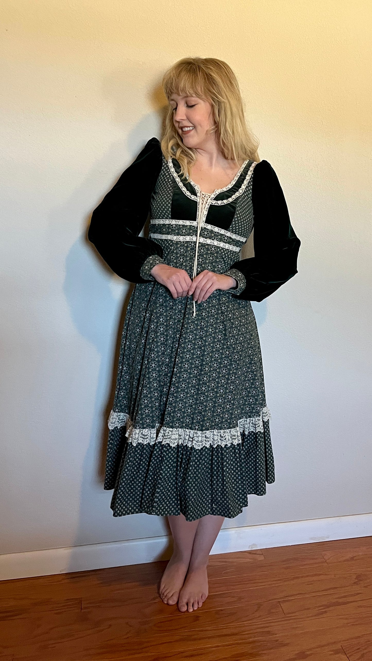 Vintage 1970’s "Gunne Sax by Jessica McClintock" Green Calico Midi Dress (Altered)