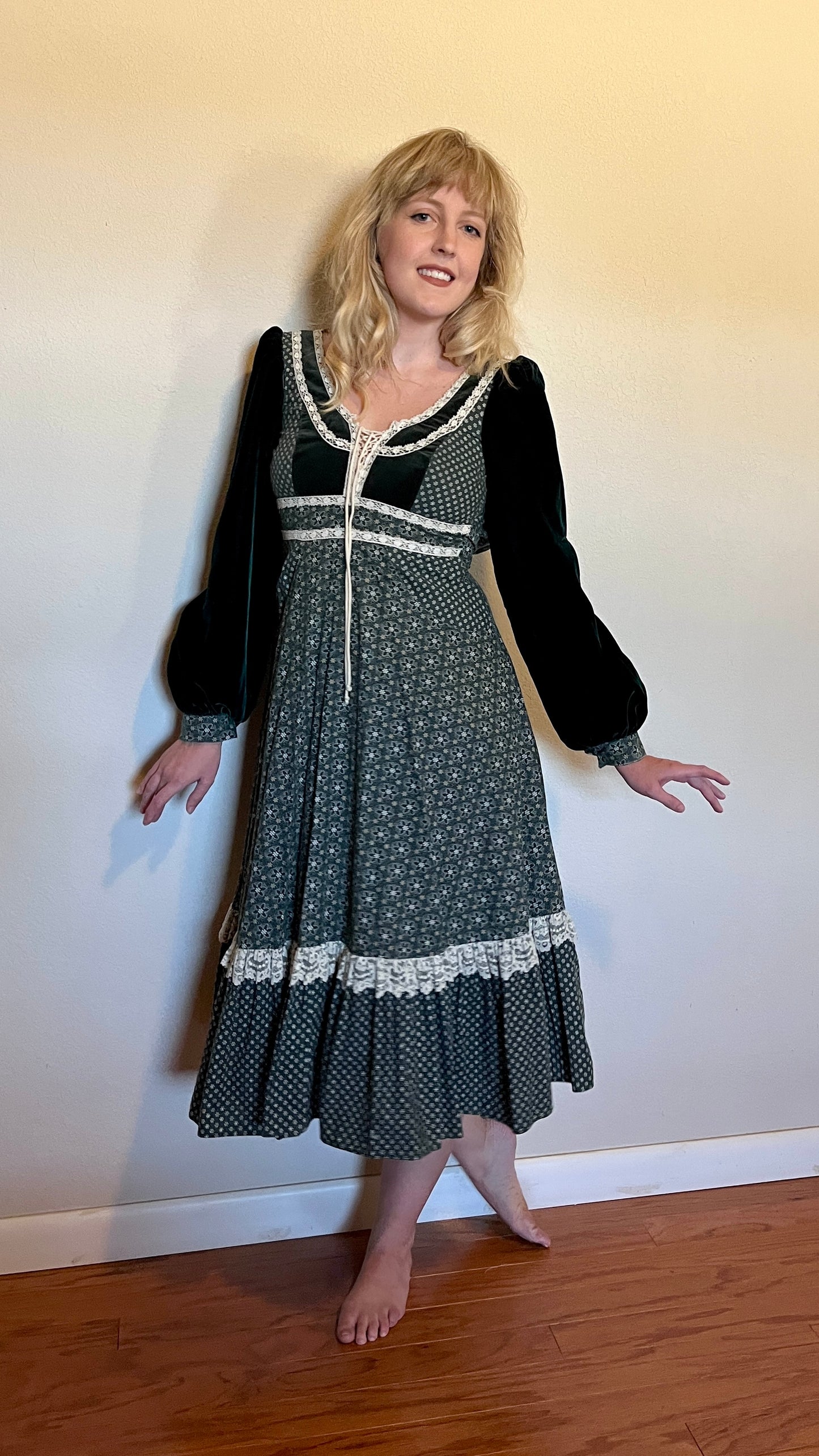 Vintage 1970’s "Gunne Sax by Jessica McClintock" Green Calico Midi Dress (Altered)