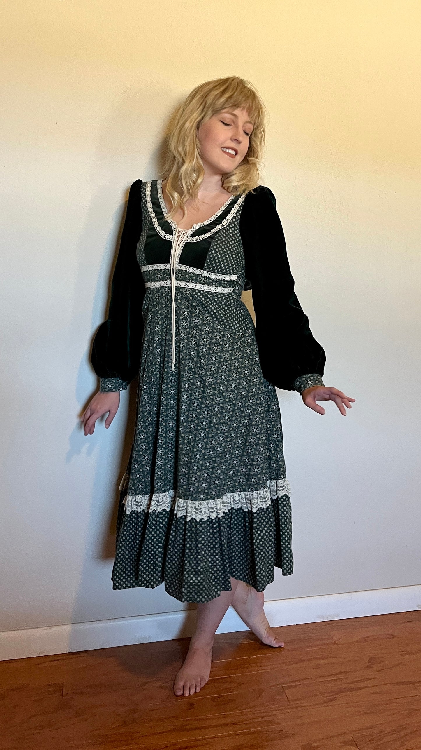 Vintage 1970’s "Gunne Sax by Jessica McClintock" Green Calico Midi Dress (Altered)