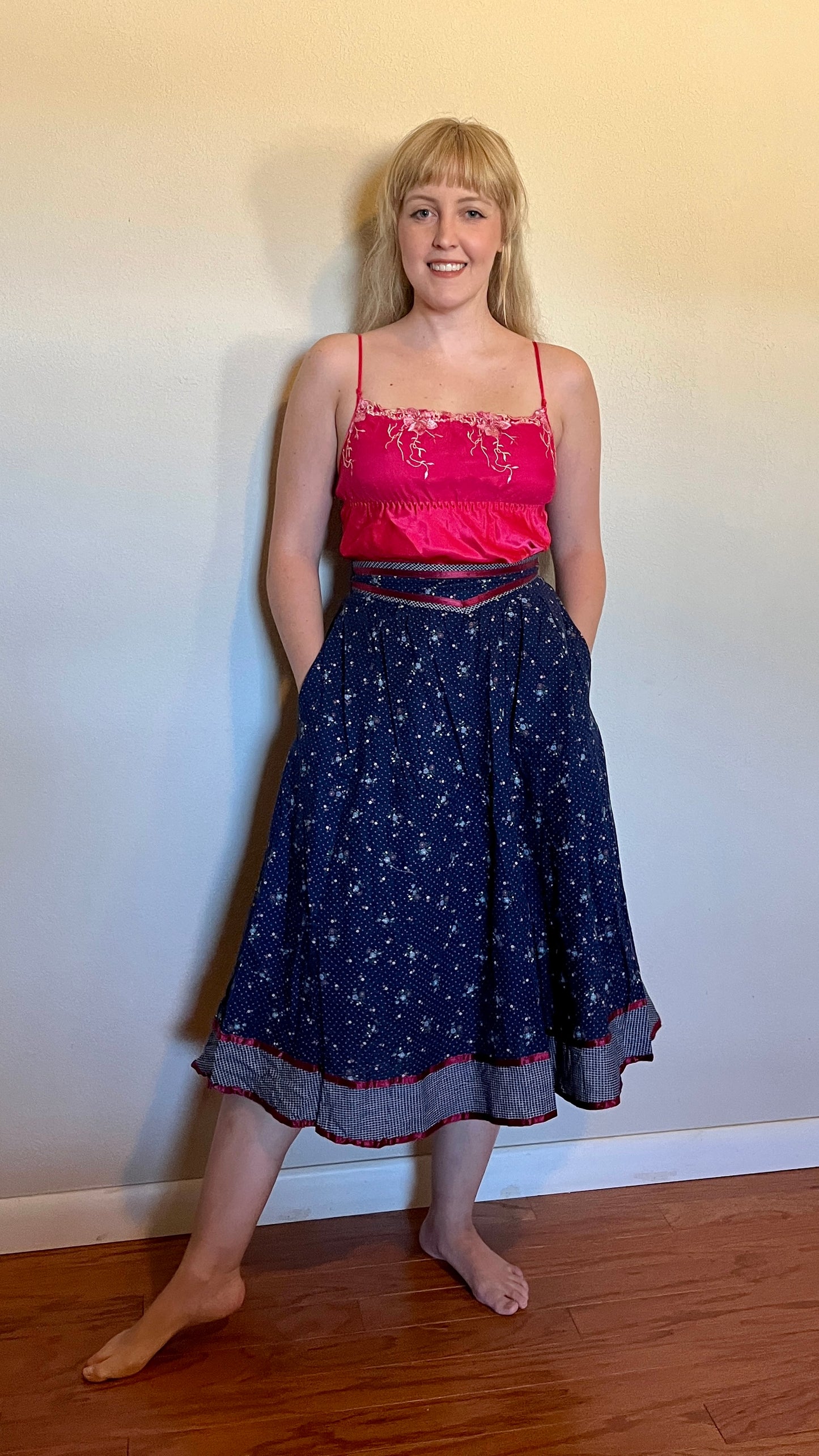 Vintage 1970’s "Gunne Sax by Jessica McClintock" Blue & Red Calico Midi Skirt
