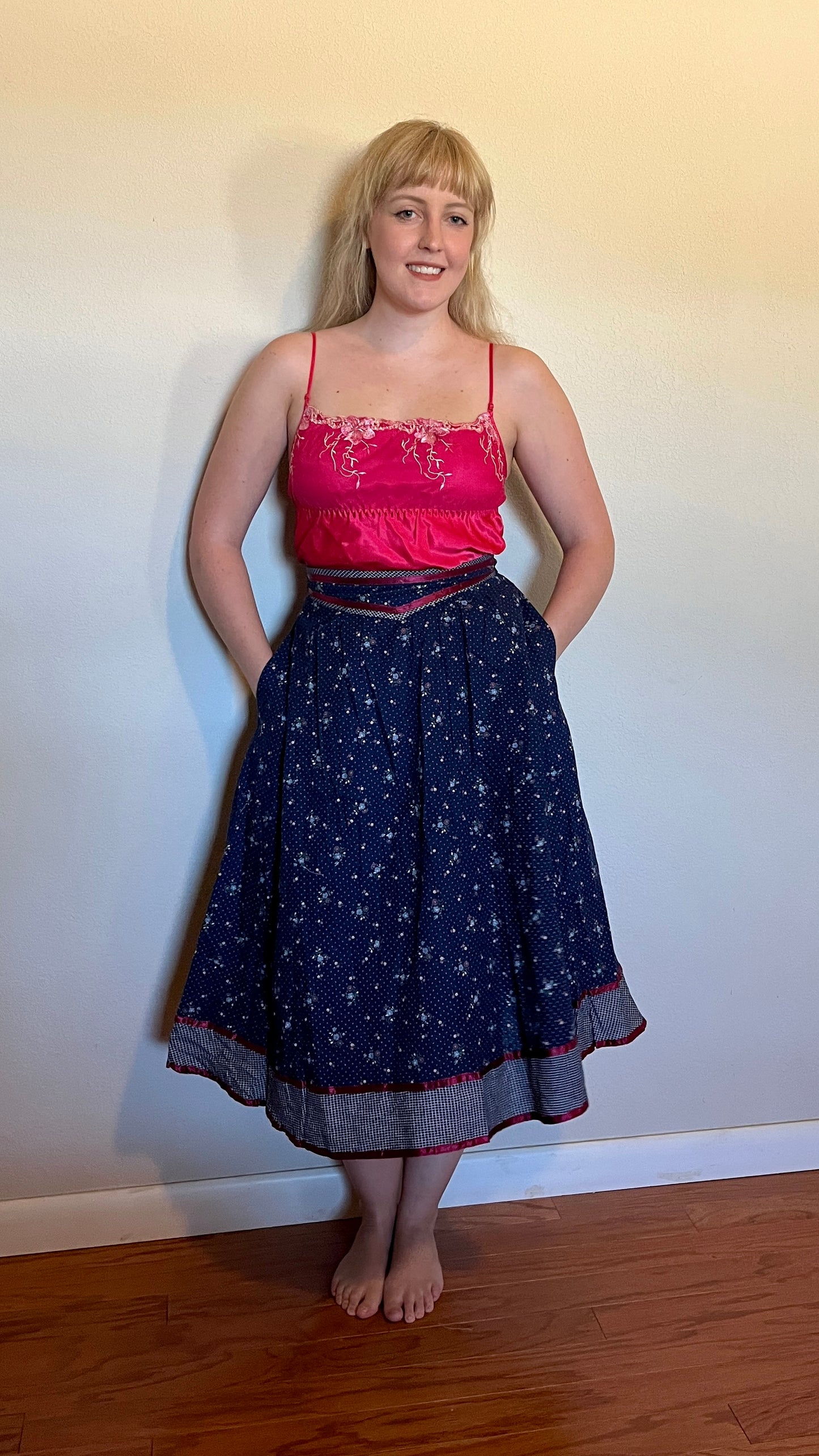 Vintage 1970’s "Gunne Sax by Jessica McClintock" Blue & Red Calico Midi Skirt