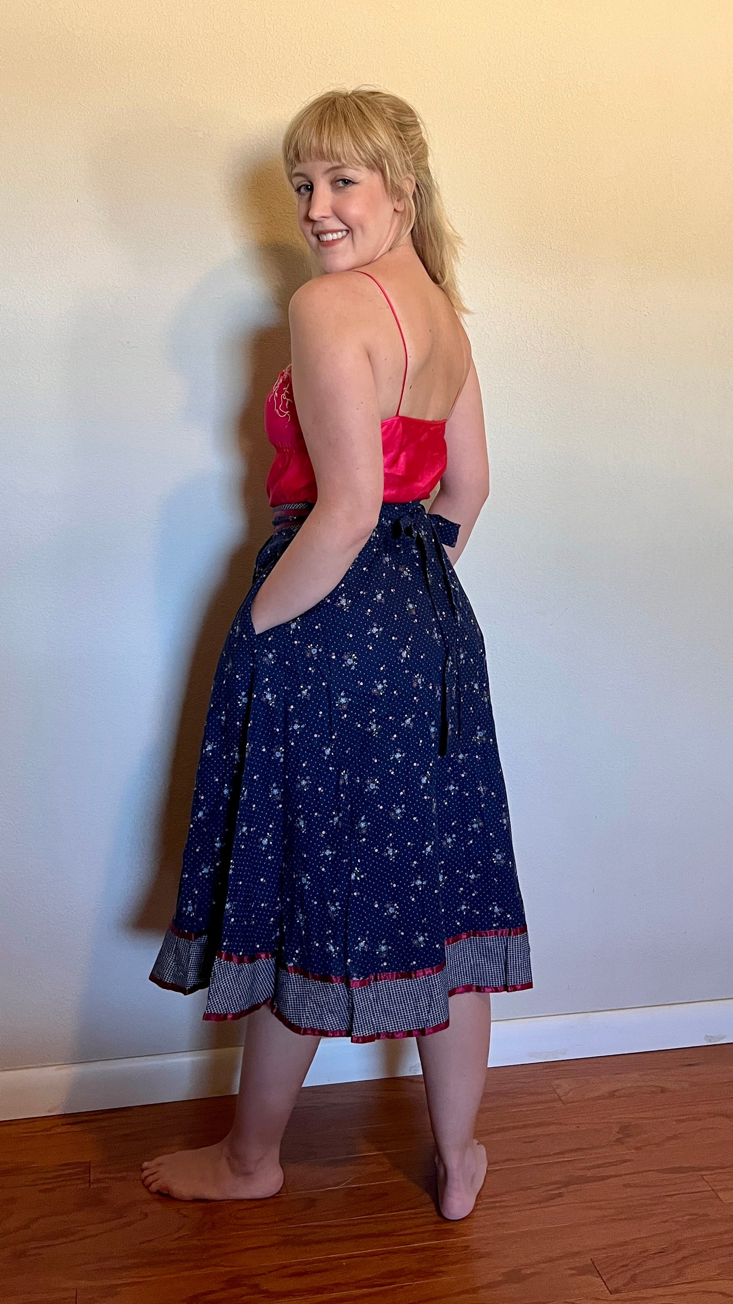 Vintage 1970’s "Gunne Sax by Jessica McClintock" Blue & Red Calico Midi Skirt