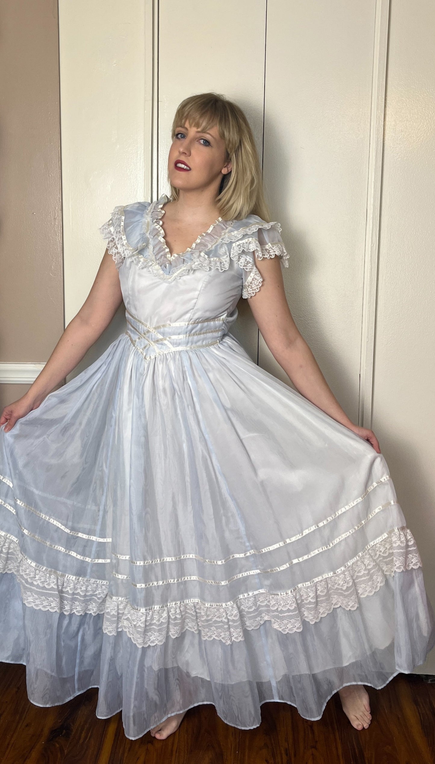 Vintage 1980's "Gunne Sax by Jessica McClintock" Light Blue Ruffle Gown