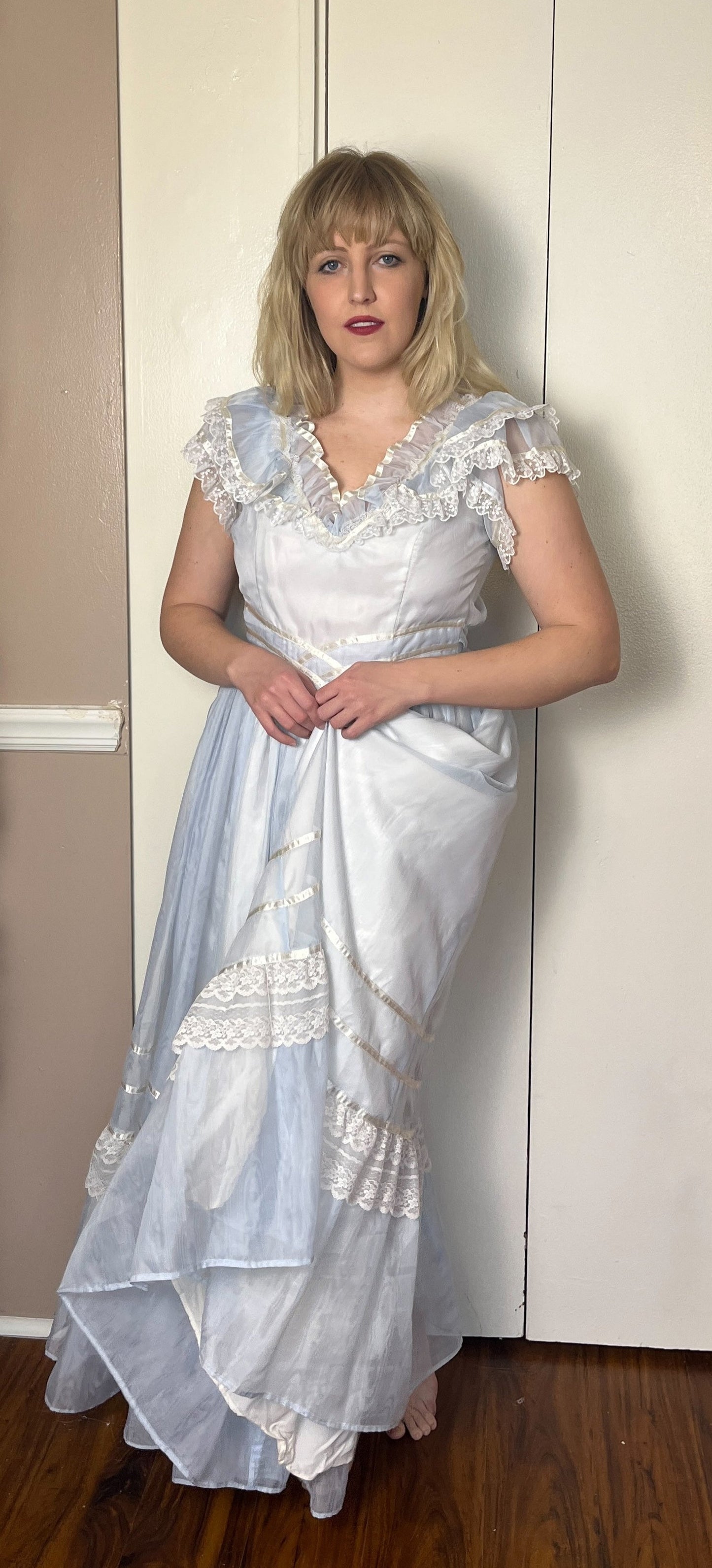 Vintage 1980's "Gunne Sax by Jessica McClintock" Light Blue Ruffle Gown