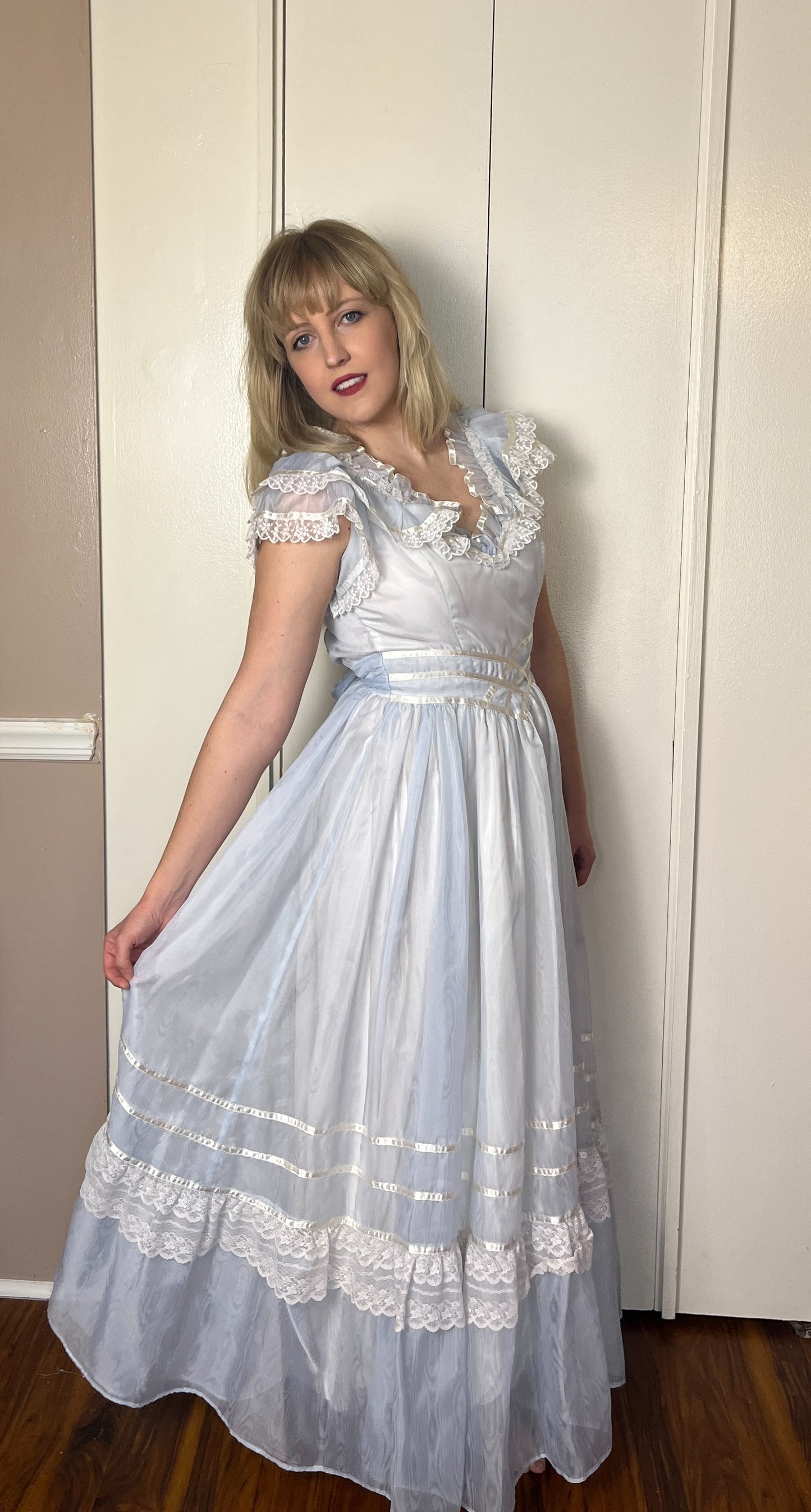 Vintage 1980's "Gunne Sax by Jessica McClintock" Light Blue Ruffle Gown