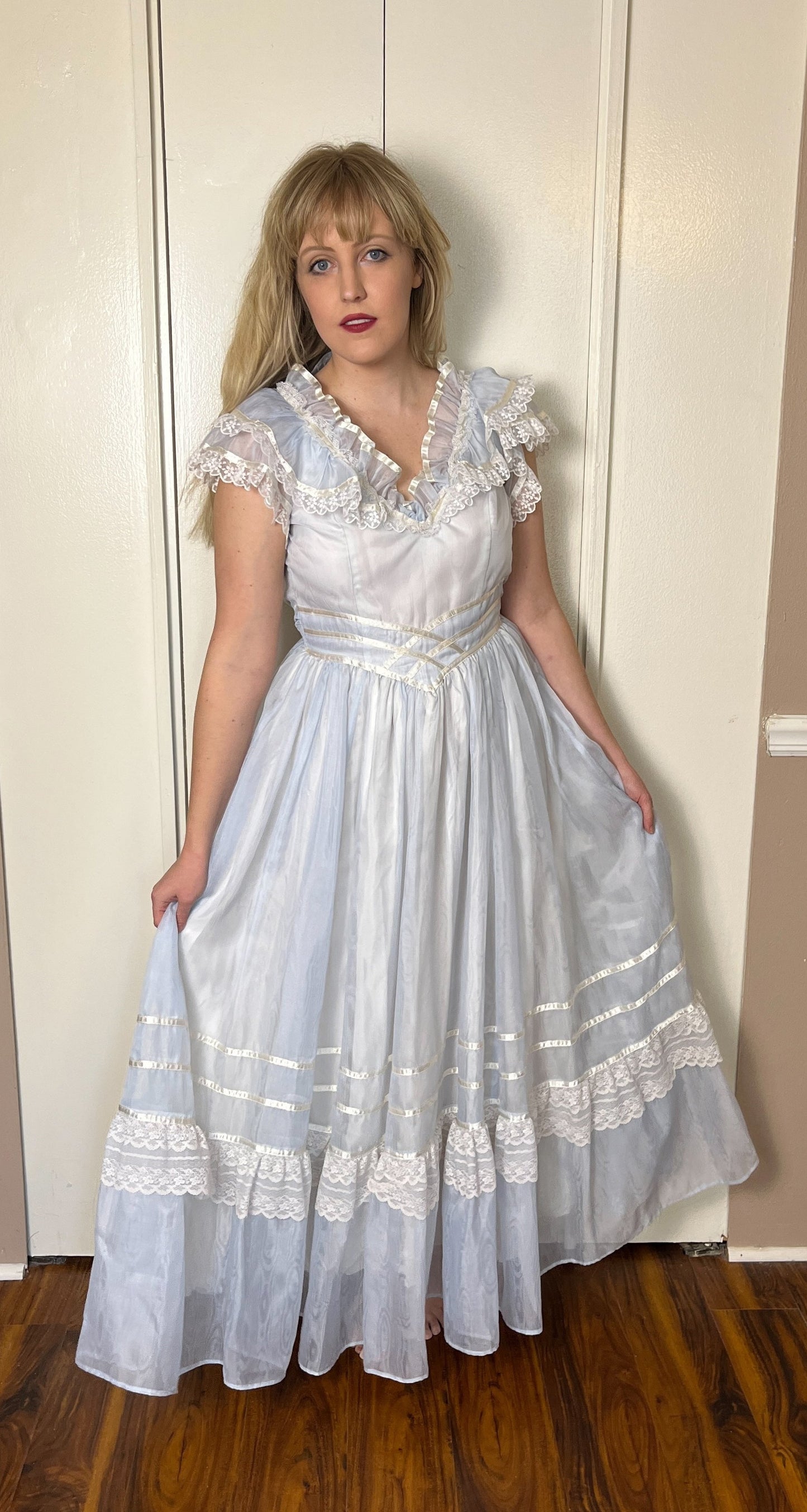Vintage 1980's "Gunne Sax by Jessica McClintock" Light Blue Ruffle Gown