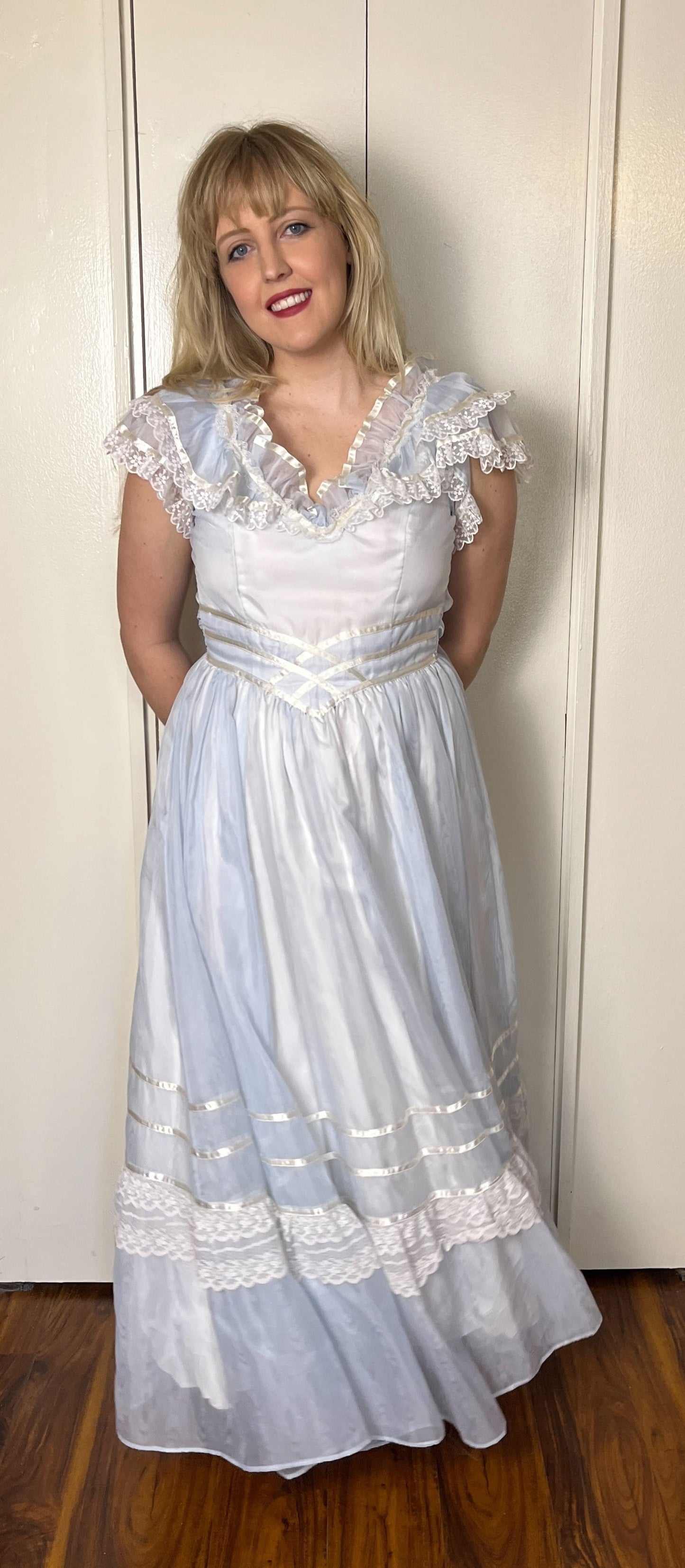 Vintage 1980's "Gunne Sax by Jessica McClintock" Light Blue Ruffle Gown