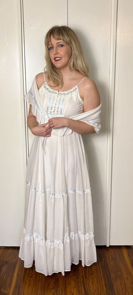 Vintage 1970's "Gunne Sax by Jessica McClintock" White with Blue Flowers Button-Front Maxi Sundress