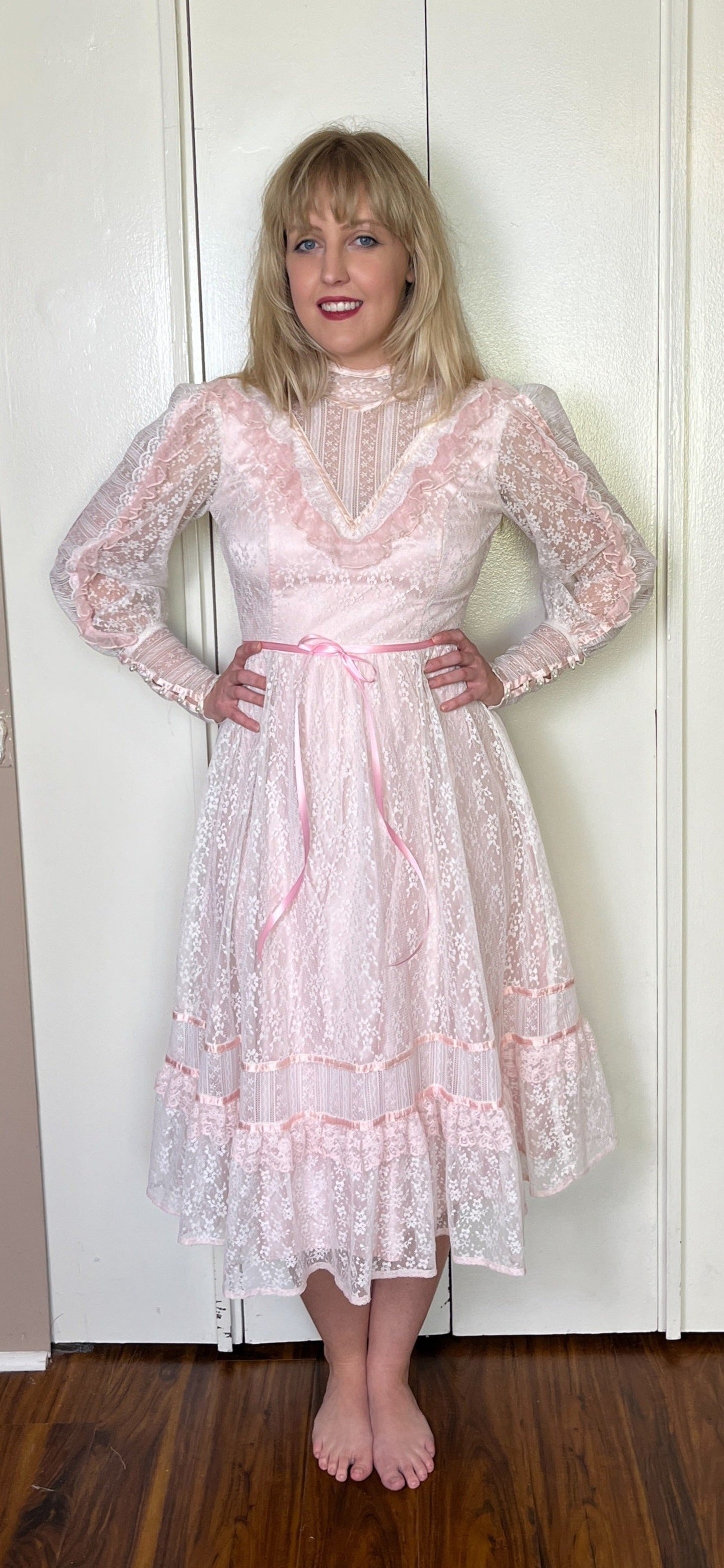 Vintage 1970's "Gunne Sax by Jessica McClintock" Baby-Pink and Lace High Neck Long Sleeve Midi Dress