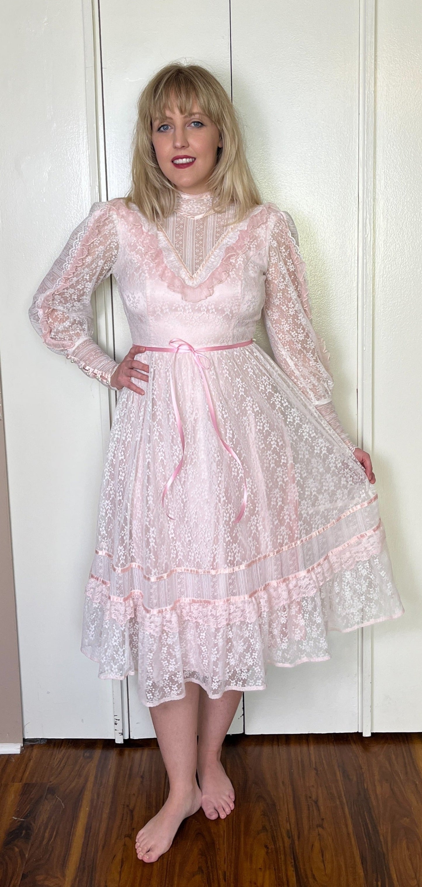 Vintage 1970's "Gunne Sax by Jessica McClintock" Baby-Pink and Lace High Neck Long Sleeve Midi Dress