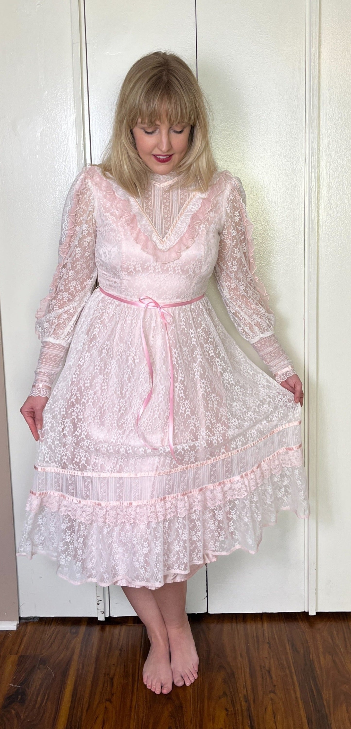 Vintage 1970's "Gunne Sax by Jessica McClintock" Baby-Pink and Lace High Neck Long Sleeve Midi Dress