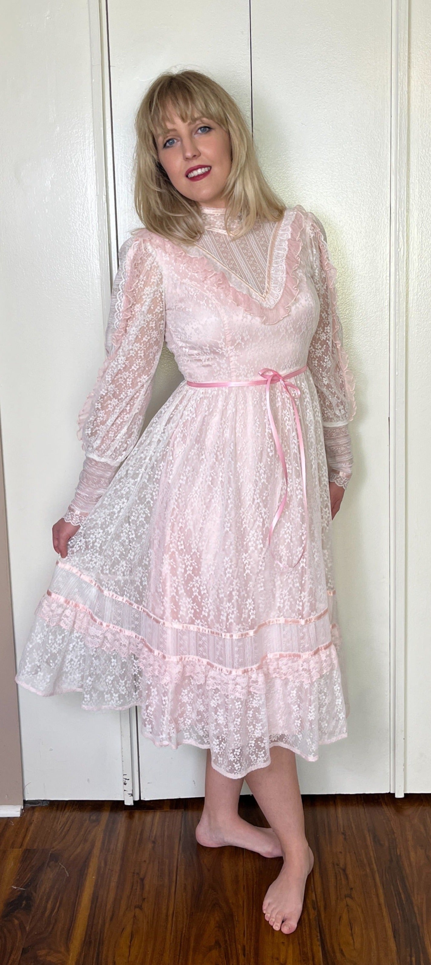 Vintage 1970's "Gunne Sax by Jessica McClintock" Baby-Pink and Lace High Neck Long Sleeve Midi Dress