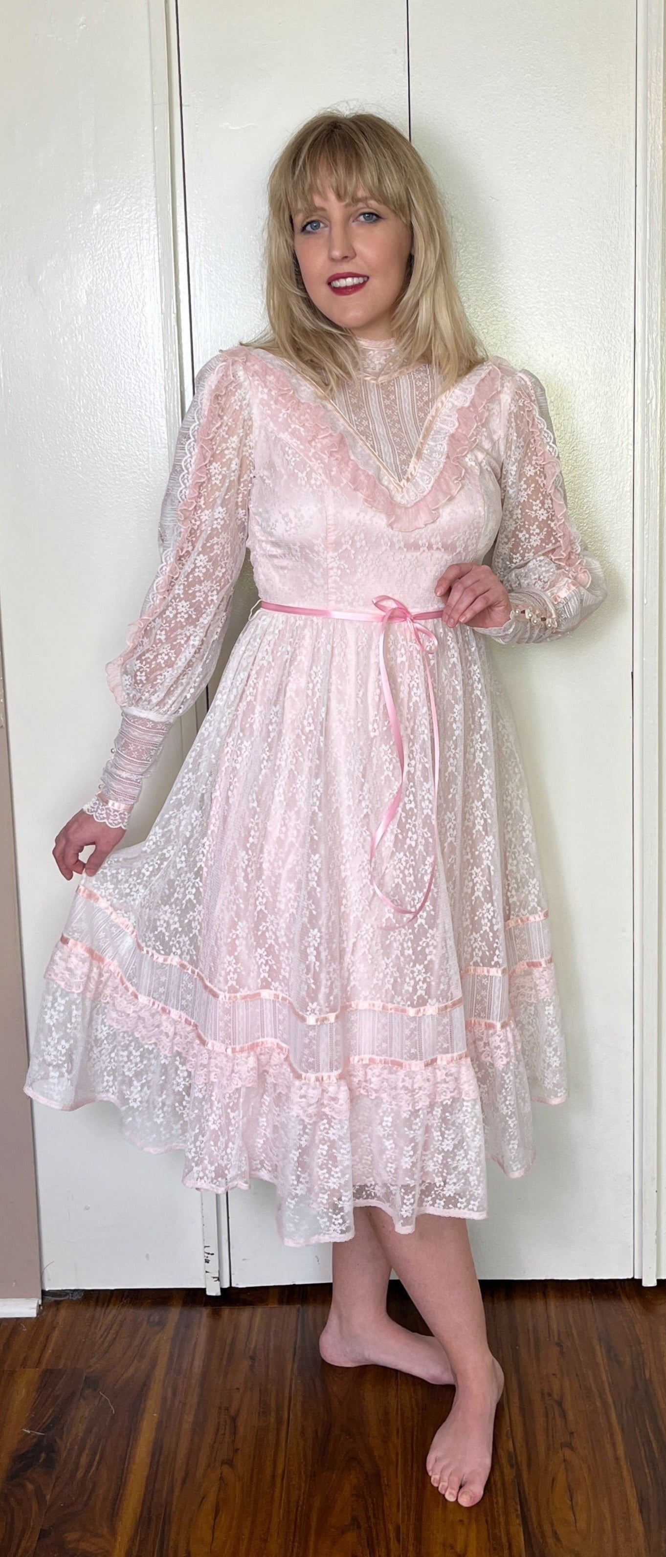 Vintage 1970's "Gunne Sax by Jessica McClintock" Baby-Pink and Lace High Neck Long Sleeve Midi Dress