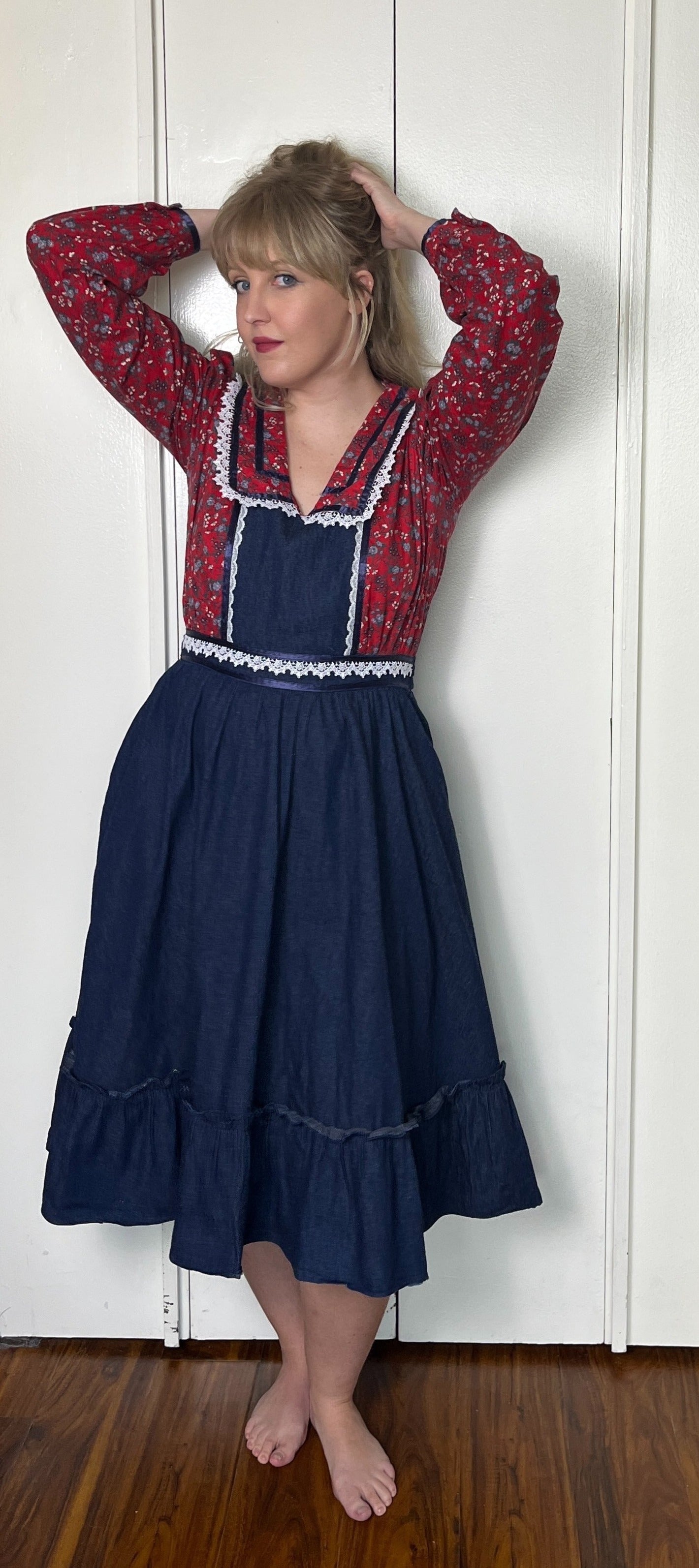 Vintage 1970's Gunne Sax by Jessica McClintock Denim & Red Calico Sailor Collar Midi Dress
