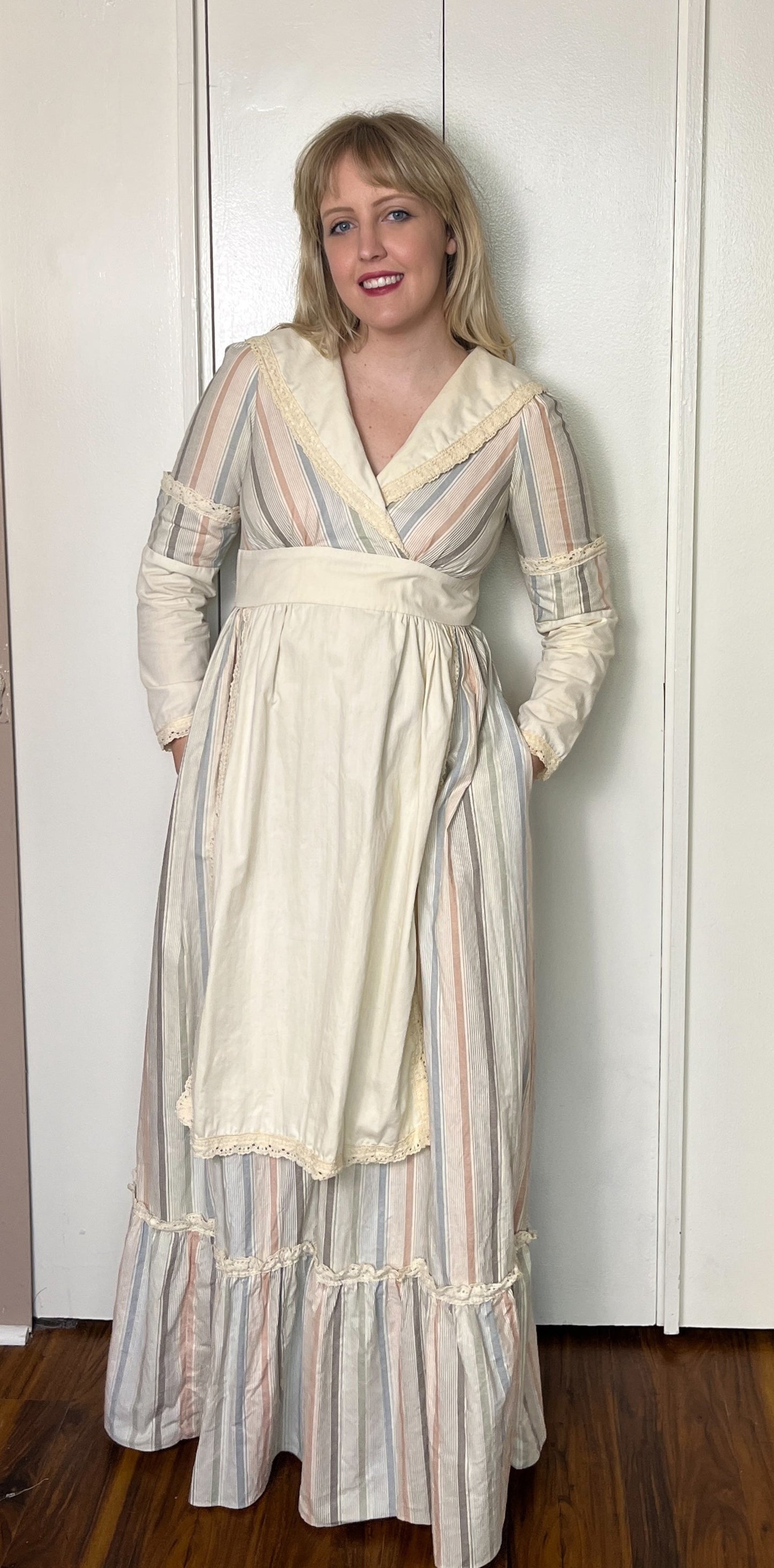 Vintage 1970's "Gunne Sax by Jessica McClintock" (Bicentennial Collection) Apron-Front Long Sleeve Maxi Dress