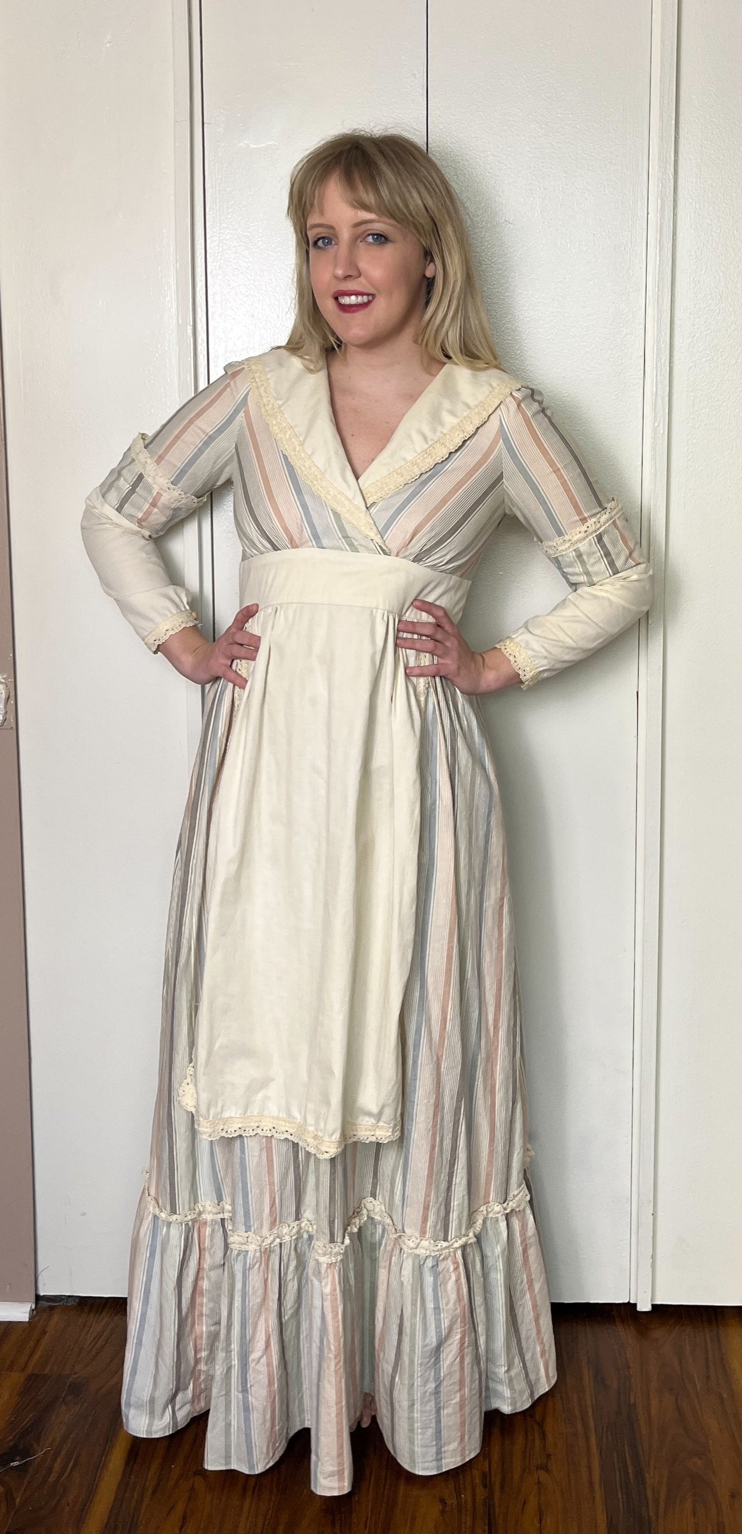 Vintage 1970's "Gunne Sax by Jessica McClintock" (Bicentennial Collection) Apron-Front Long Sleeve Maxi Dress