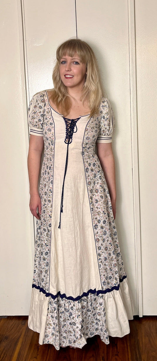Vintage 1960's "Gunne Sax by Jessica McClintock" (Black Label) Blue (Butterfly-Print) Maxi Dress