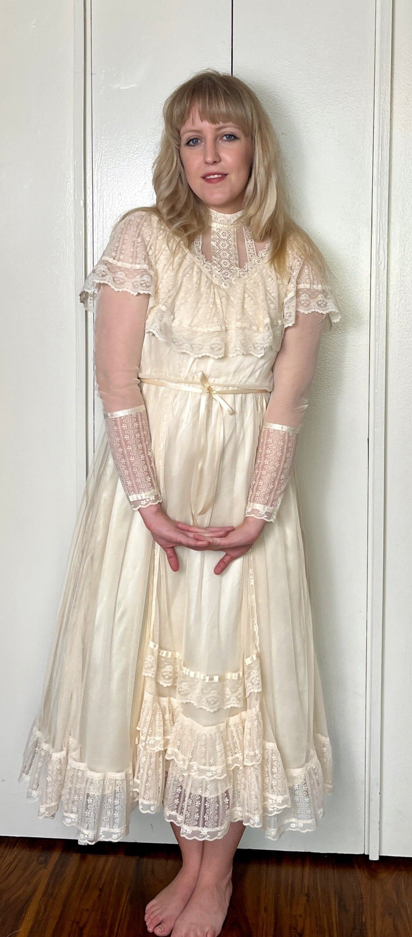 Vintage 1970's Gunne Sax by Jessica McClintock Ivory Satin & Mesh Midi Dress Vintage 1970's Gunne Sax by Jessica McClintock Ivory Satin & Mesh Midi Dress