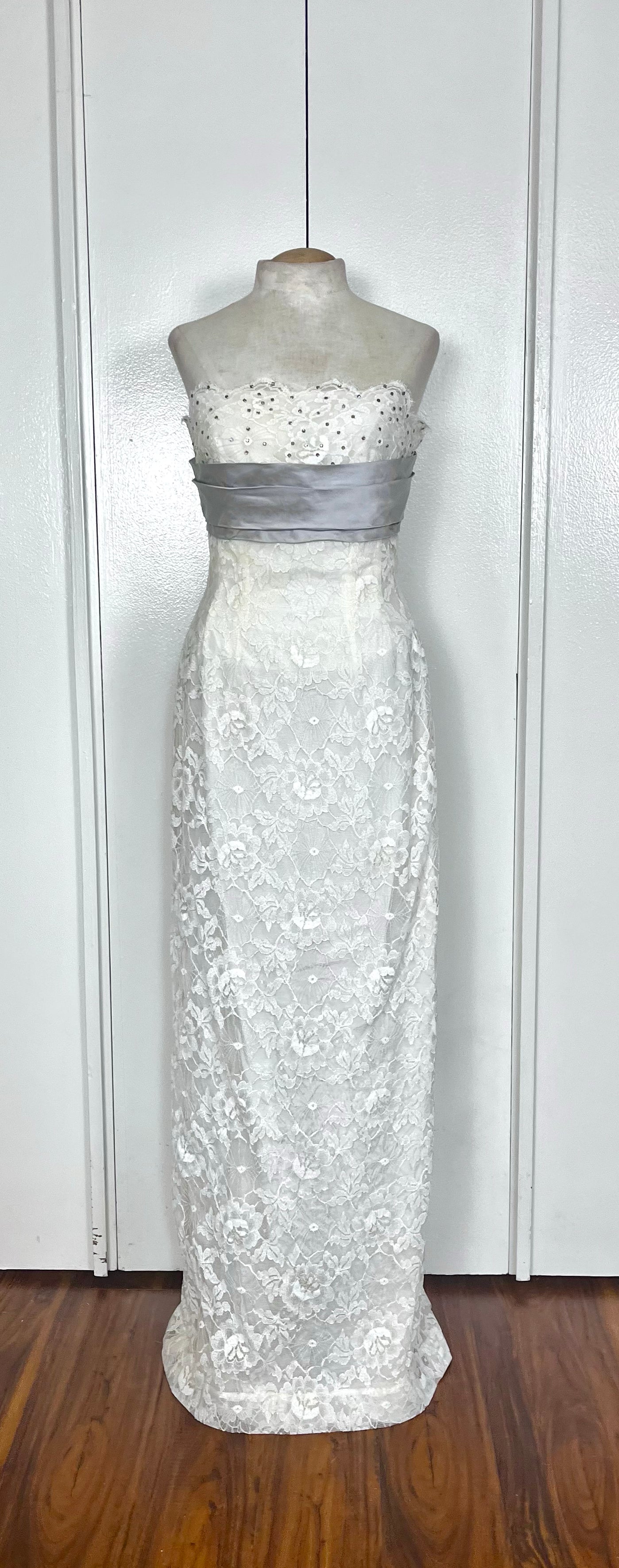 Vintage 1950's White Lace & Rhinestones Strapless Gown