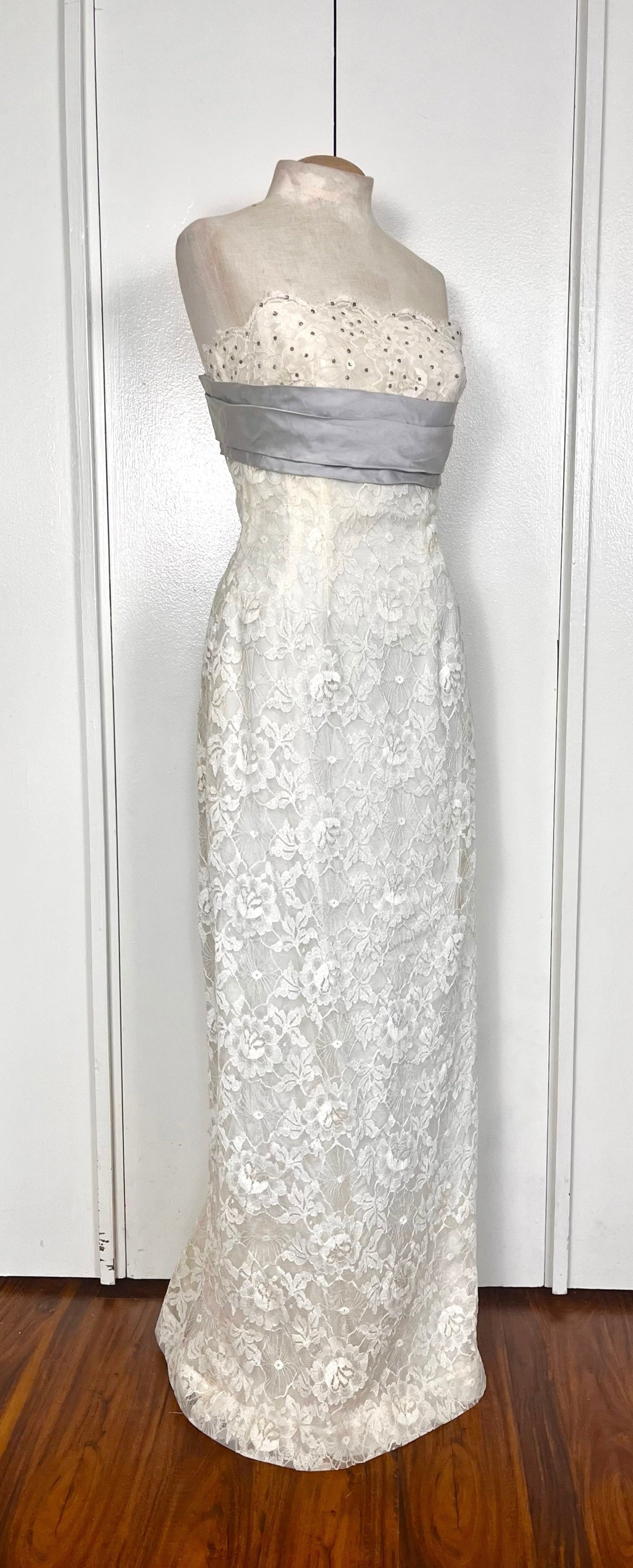 Vintage 1950's White Lace & Rhinestones Strapless Gown