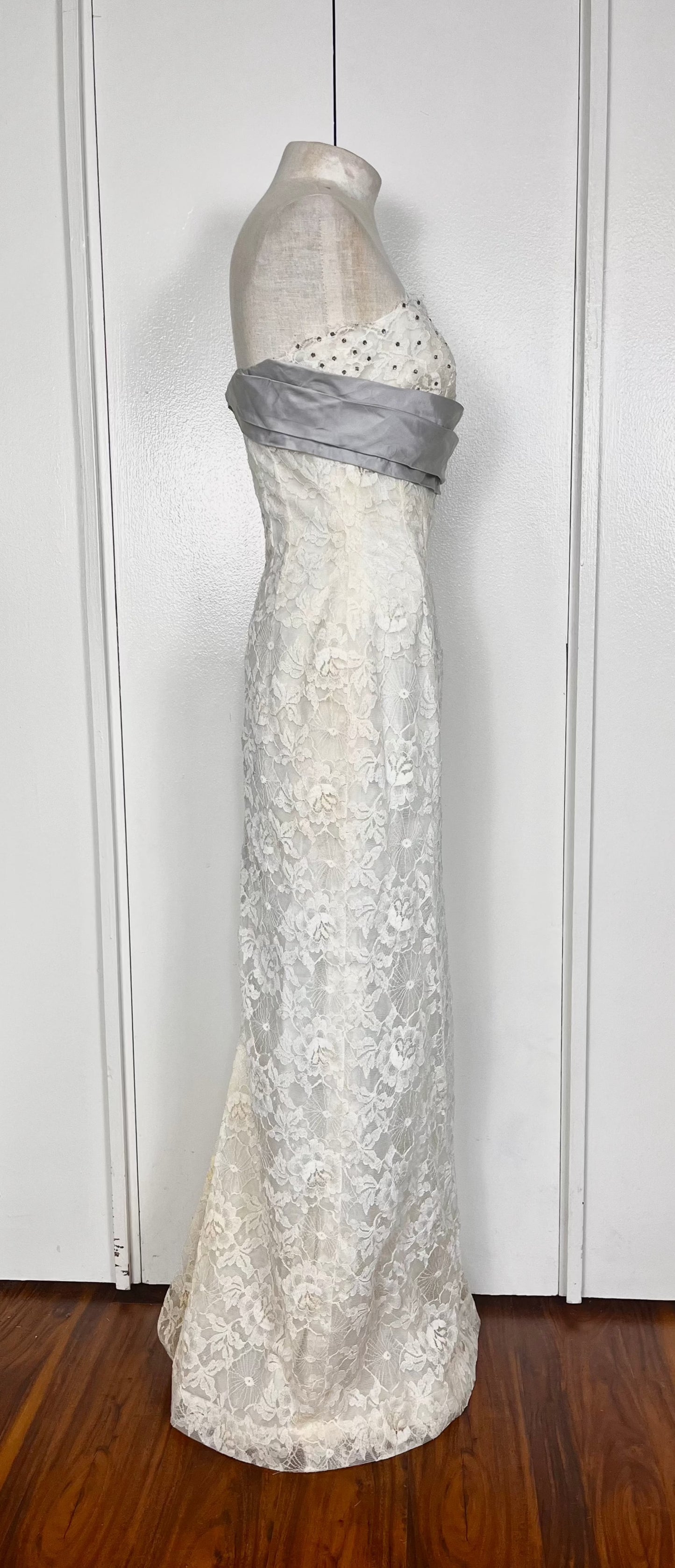 Vintage 1950's White Lace & Rhinestones Strapless Gown