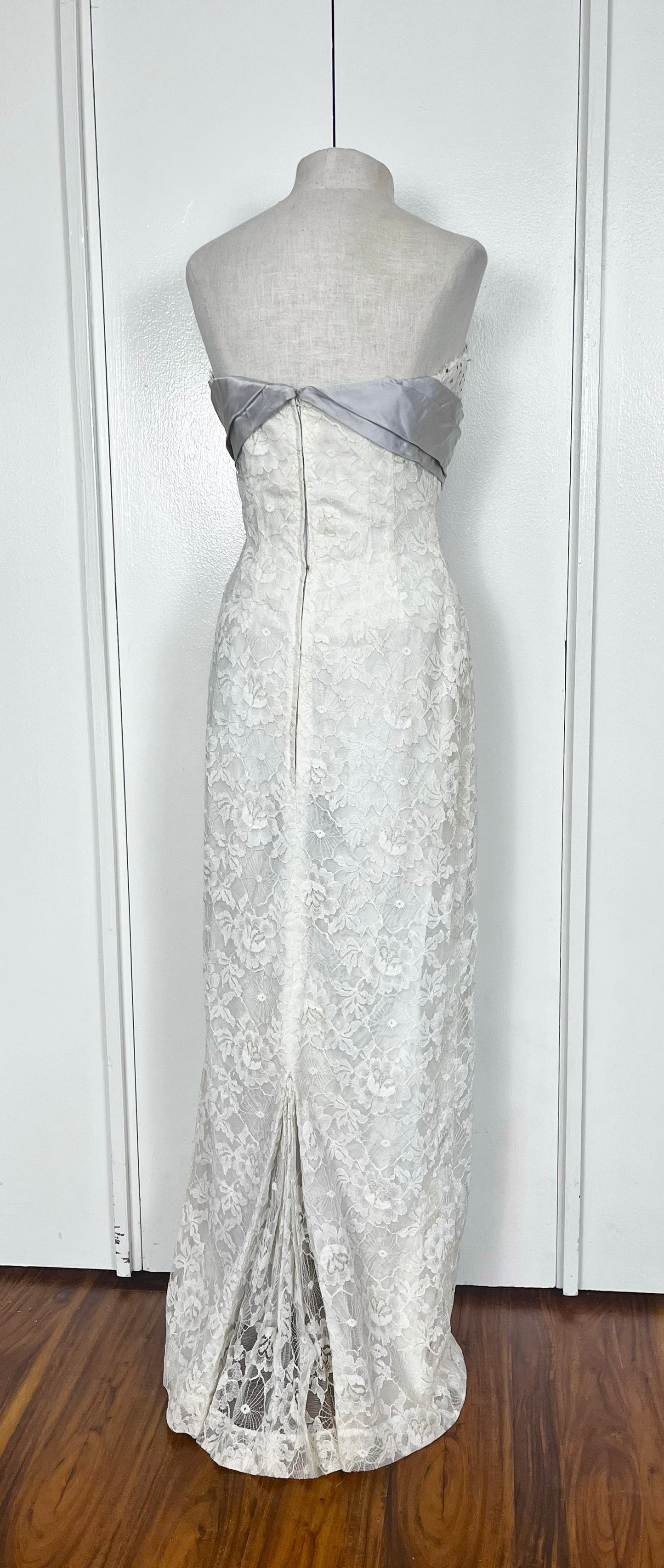 Vintage 1950's White Lace & Rhinestones Strapless Gown