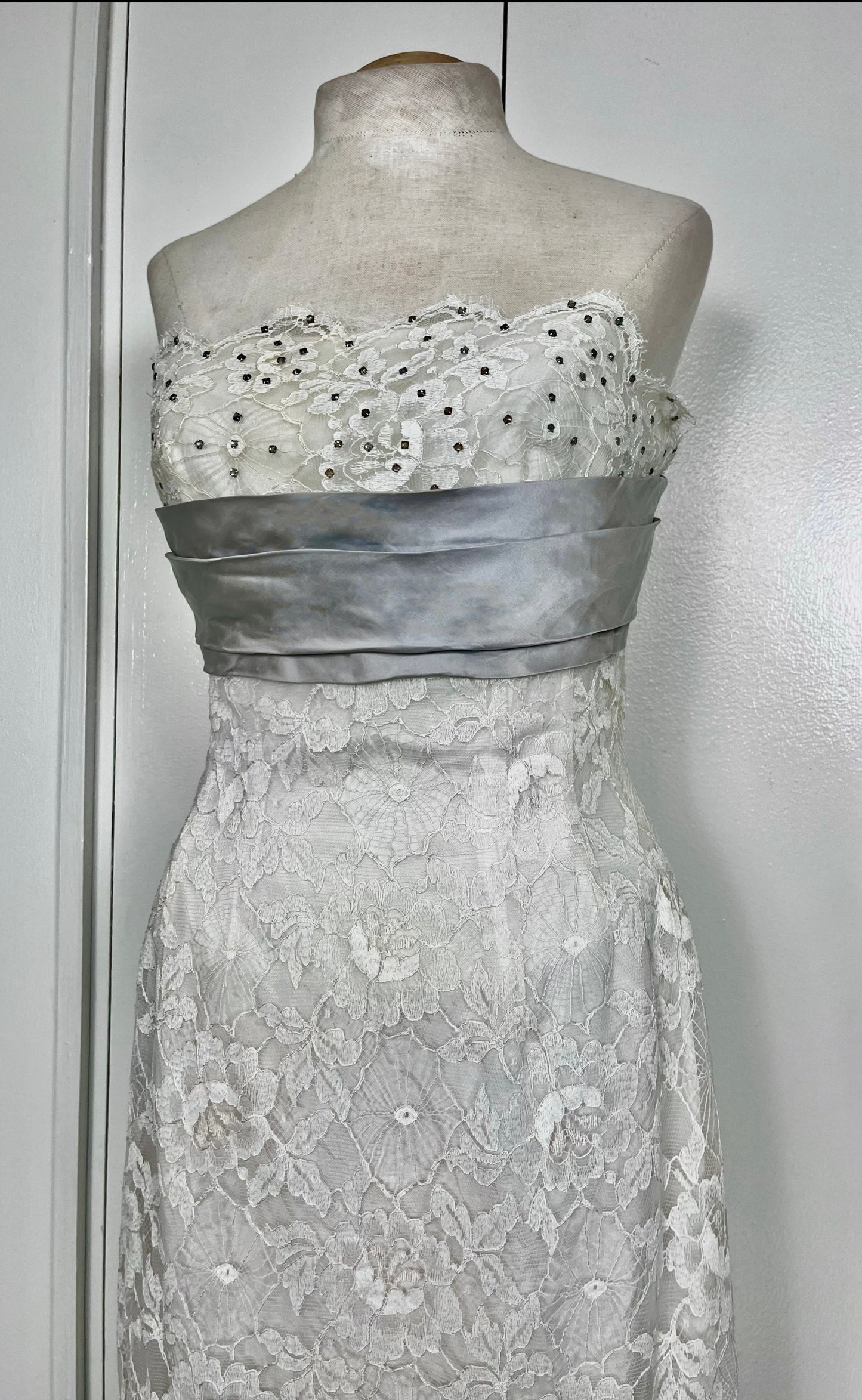 Vintage 1950's White Lace & Rhinestones Strapless Gown