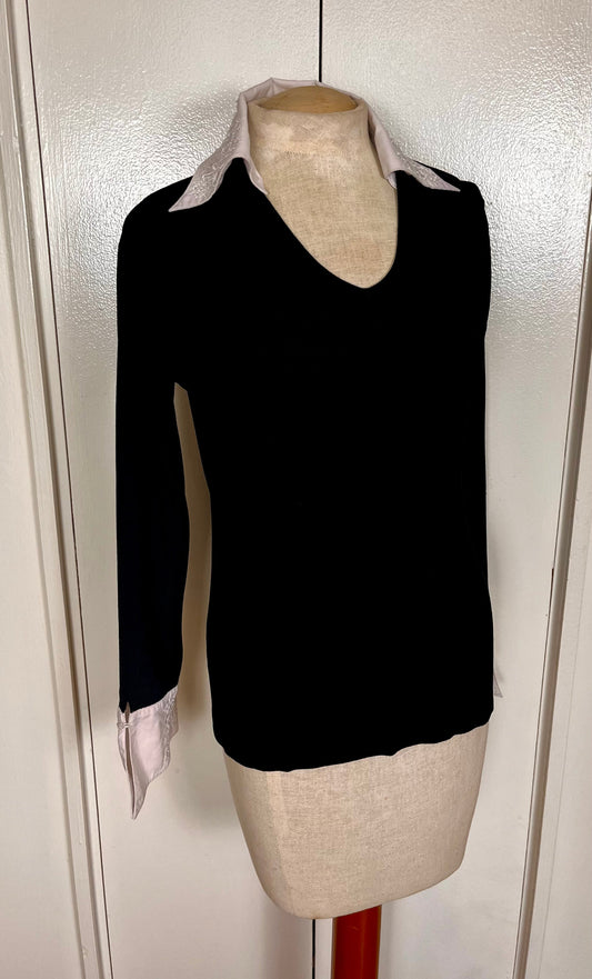 Vintage Y2K "Michelle Nicole" White & Black Collared Stretch-Knit Blouse