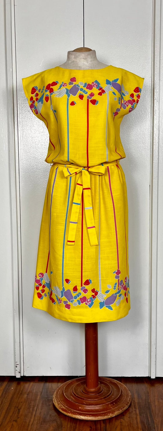 Vintage 1980's "Vicky Vaughn" Yellow Fruit-Print Dress