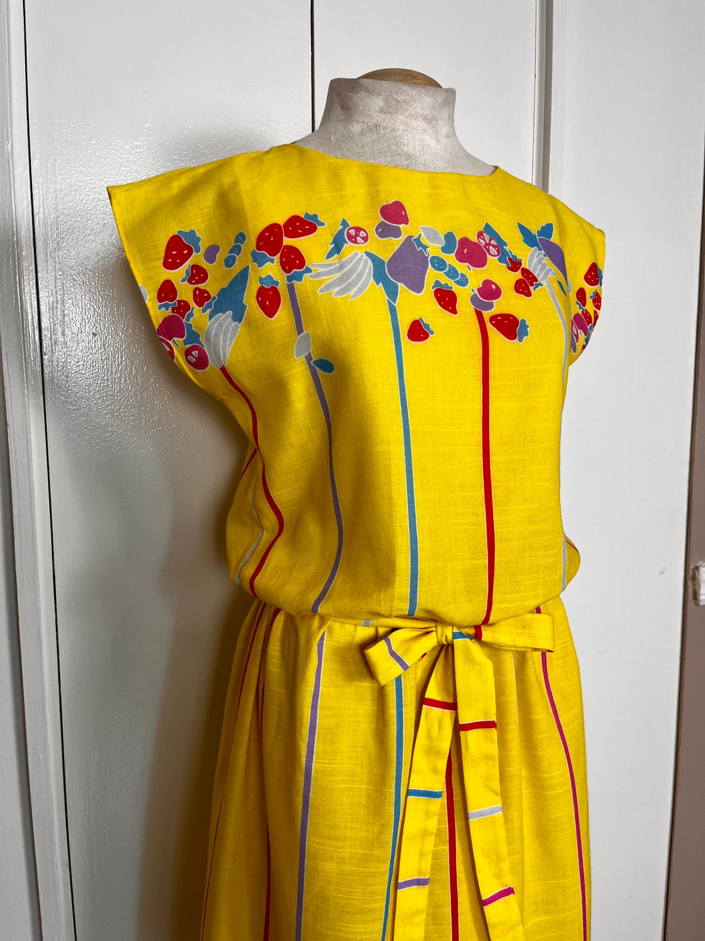 Vintage 1980's "Vicky Vaughn" Yellow Fruit-Print Dress