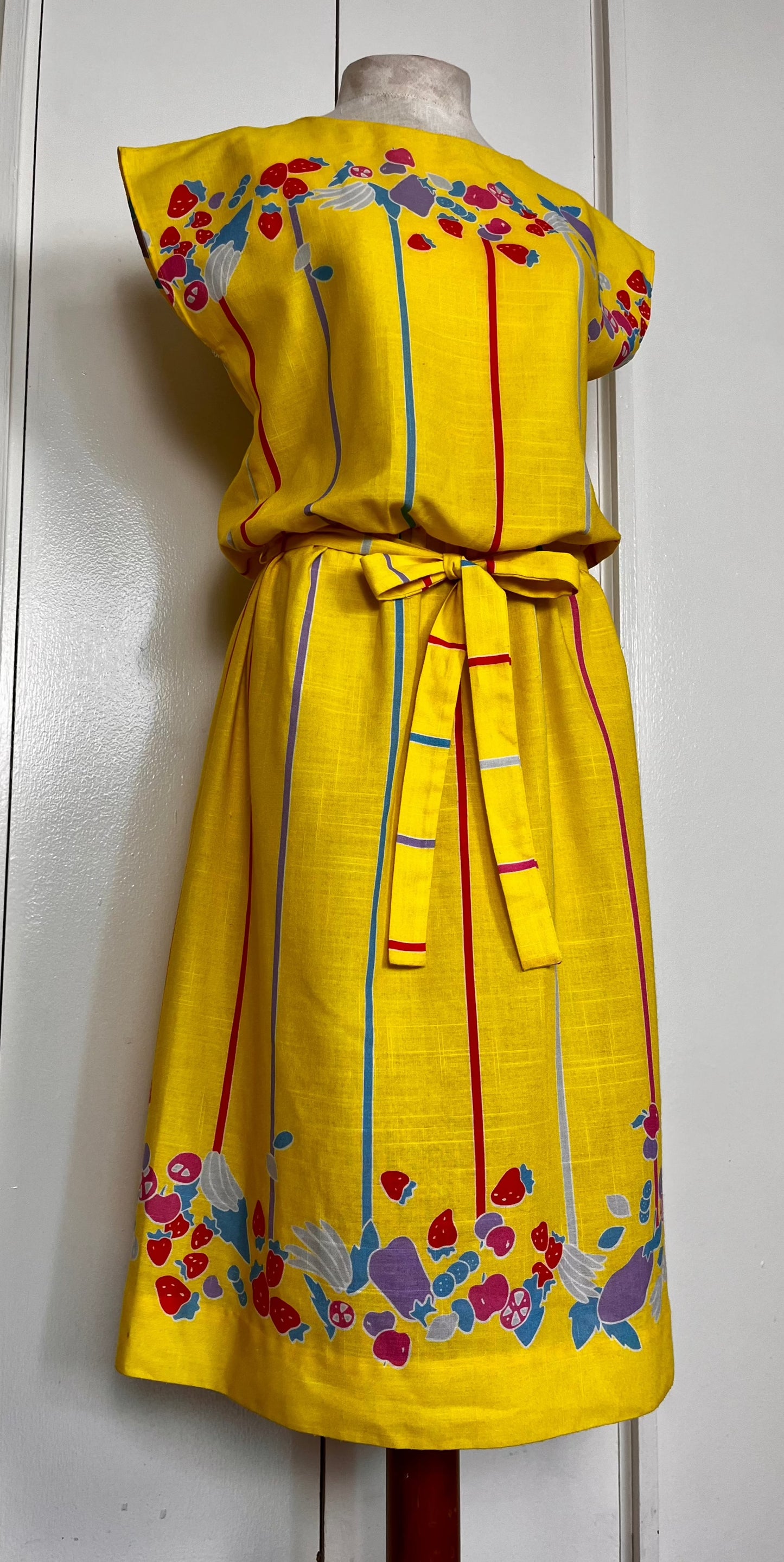 Vintage 1980's "Vicky Vaughn" Yellow Fruit-Print Dress