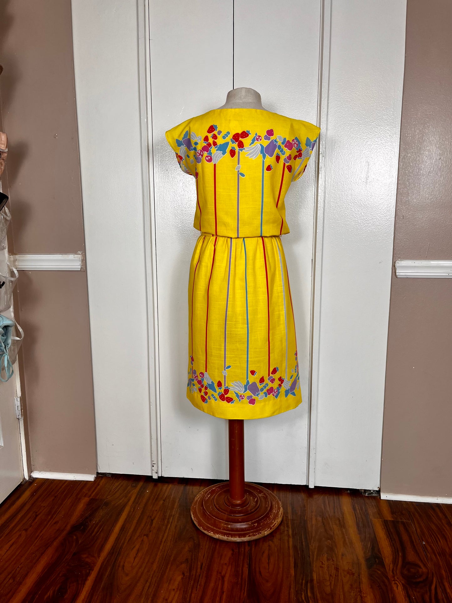 Vintage 1980's "Vicky Vaughn" Yellow Fruit-Print Dress