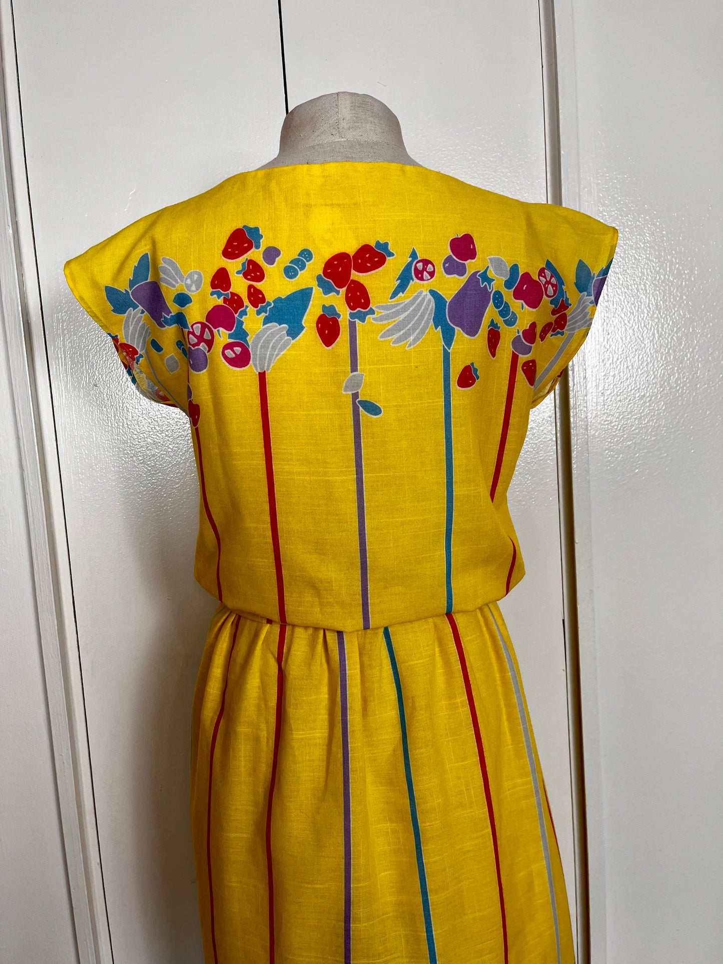 Vintage 1980's "Vicky Vaughn" Yellow Fruit-Print Dress