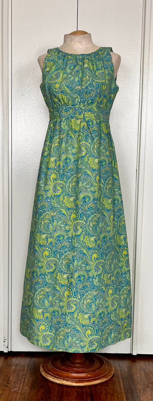 Vintage 1970's "Home-Sewn" Green Paisley Dress