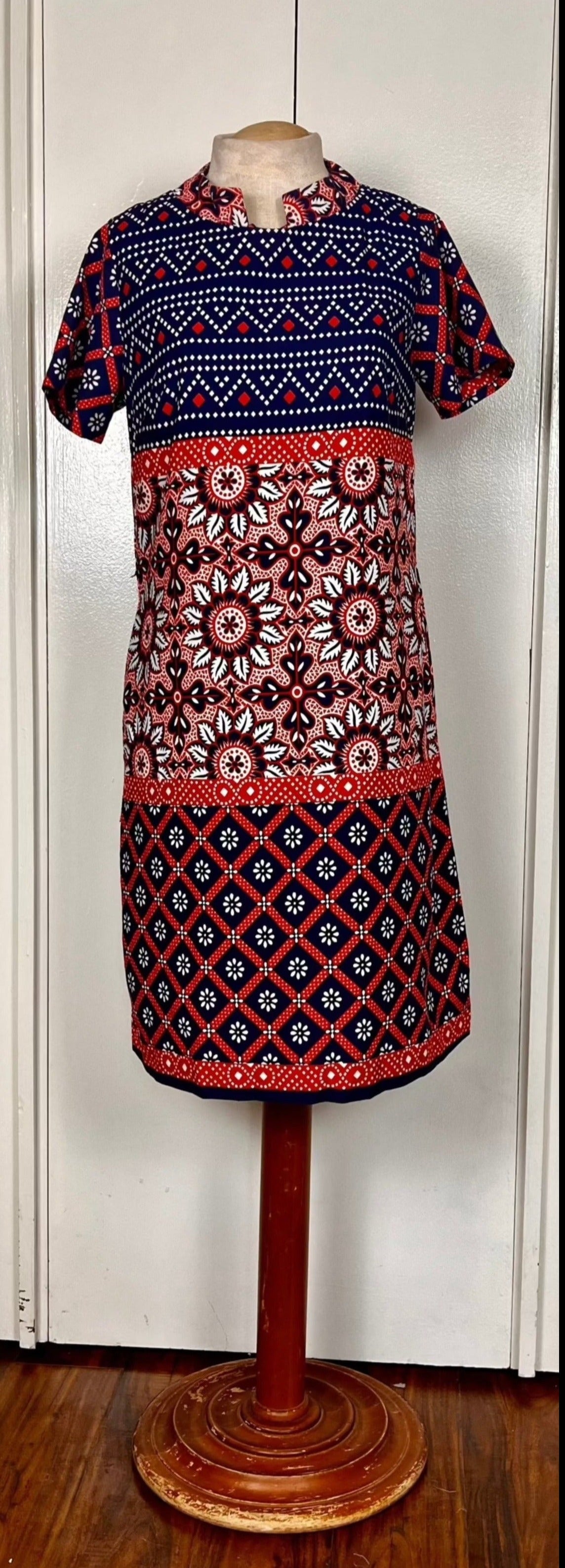 Vintage 1960's Red & Blue Abstract Shift Dress