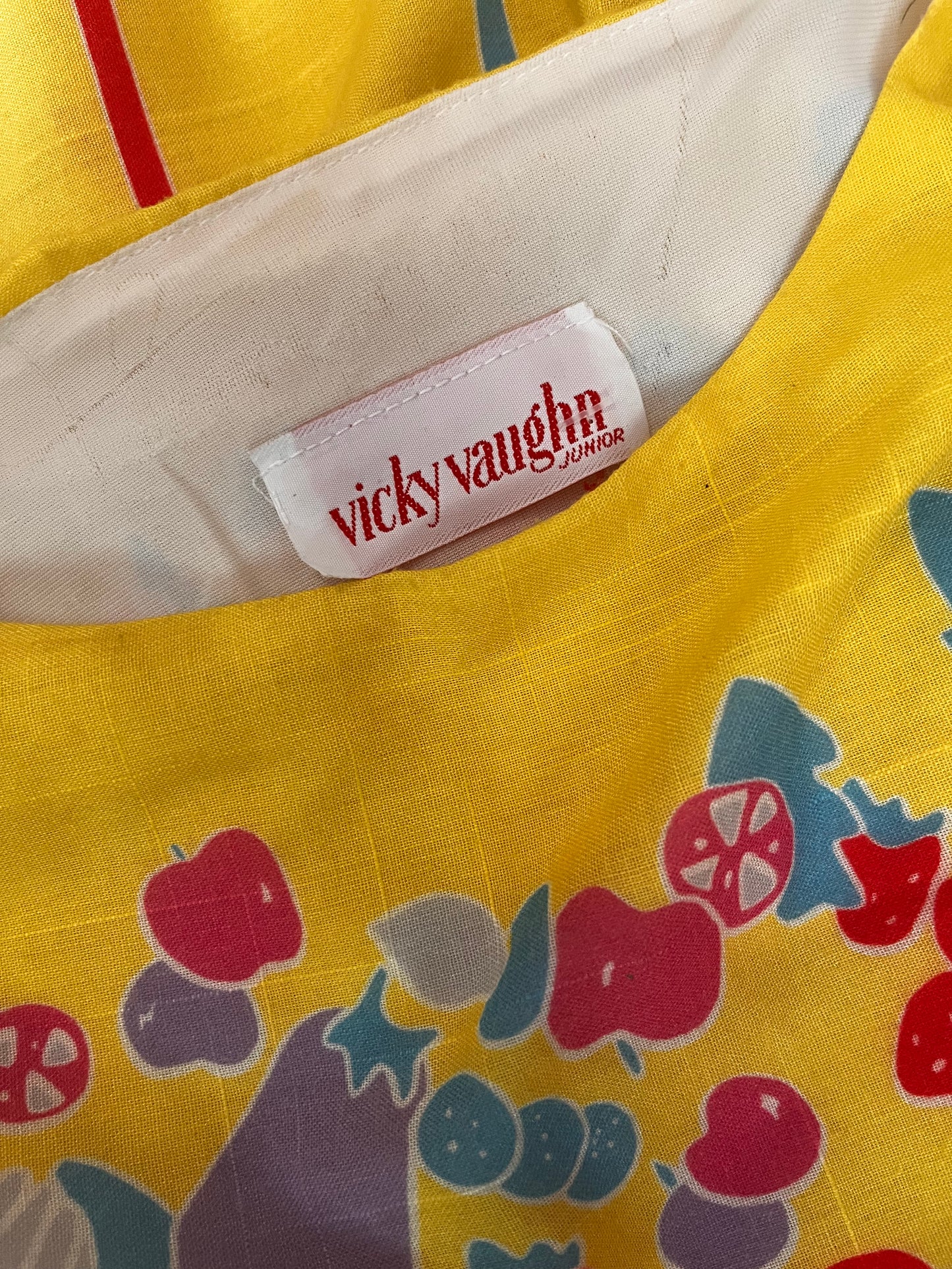 Vintage 1980's "Vicky Vaughn" Yellow Fruit-Print Dress