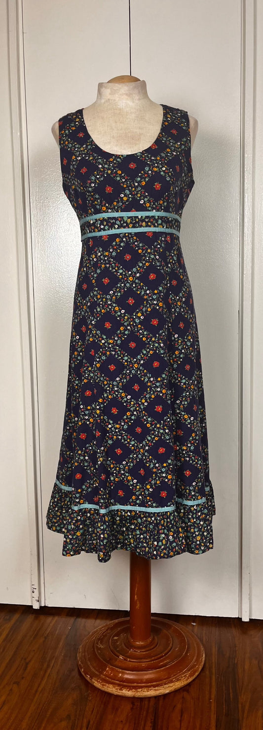 Vintage 1970's Blue Diamond Calico Prairie Dress