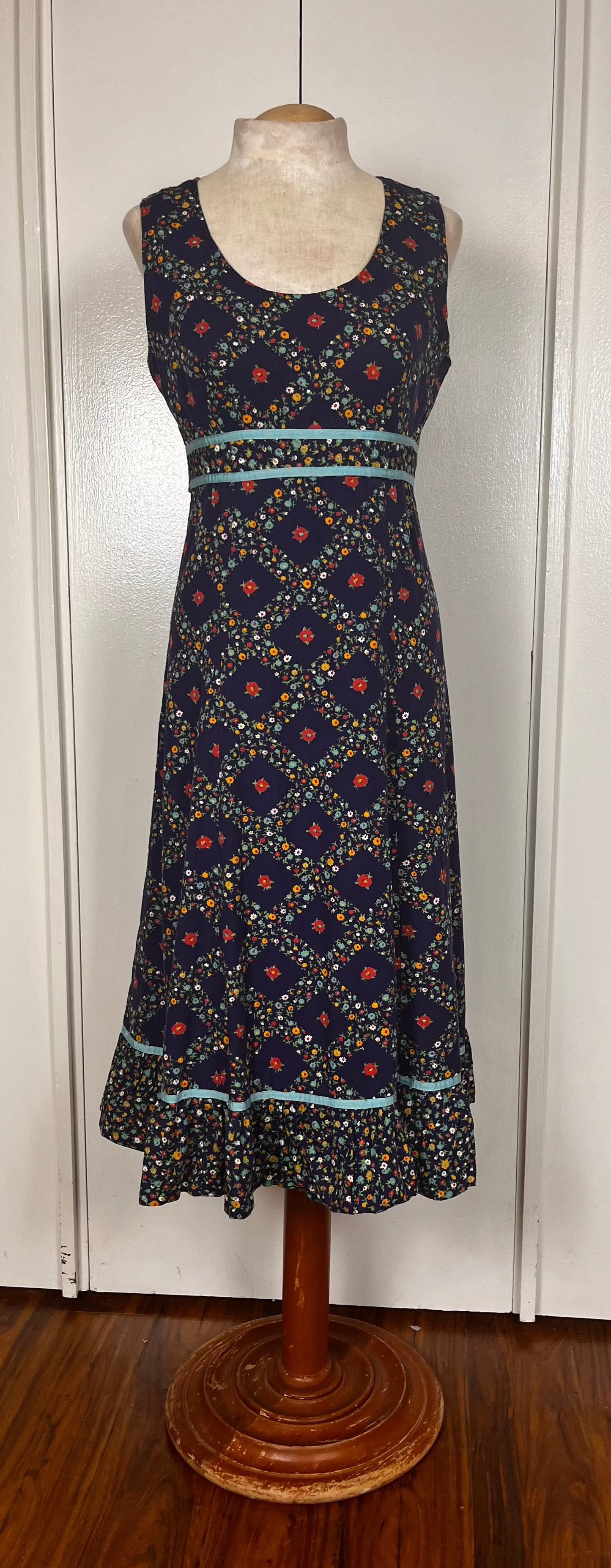 Vintage 1970's Blue Diamond Calico Prairie Dress