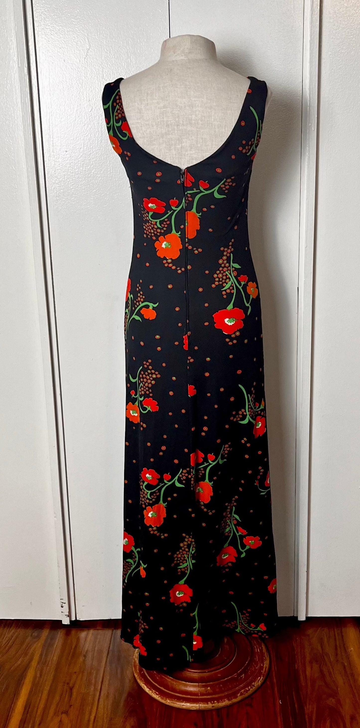 Vintage 1970's Home-sewn Sleeveless Black Poppy Print Jersey-Knit Maxi Dress