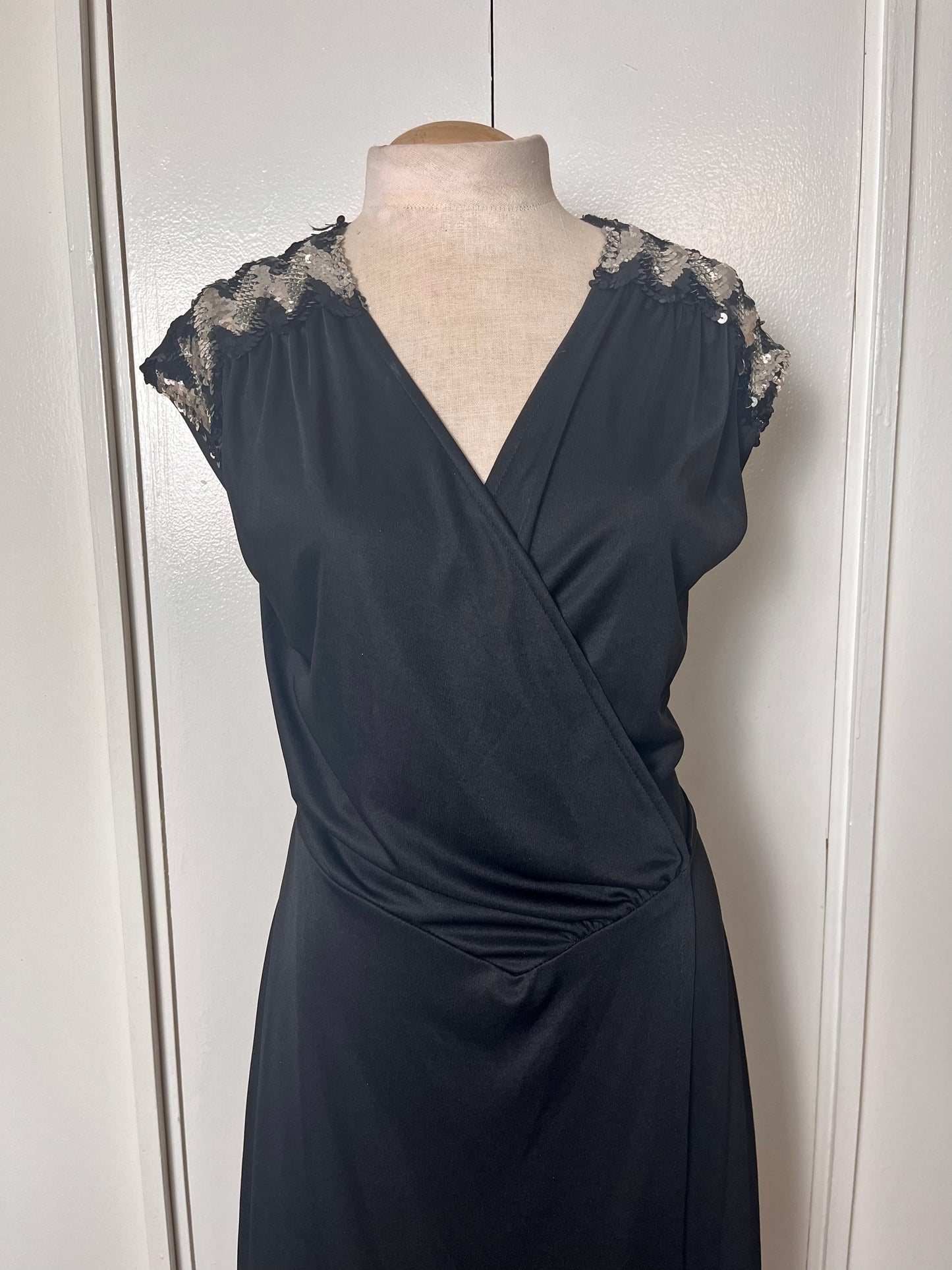 Vintage 1970's Black Jersey Knit Wrap Dress with Sequins