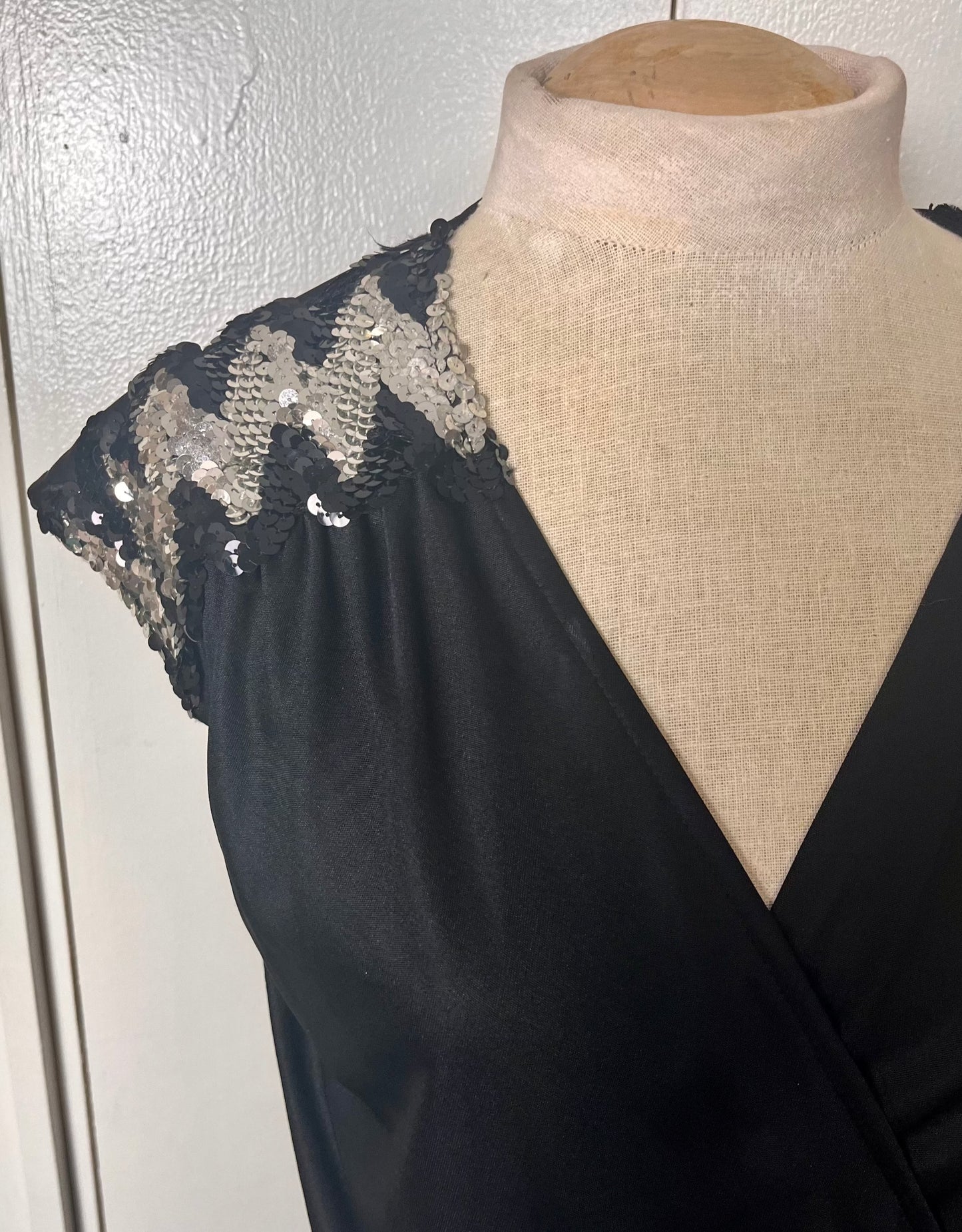 Vintage 1970's Black Jersey Knit Wrap Dress with Sequins