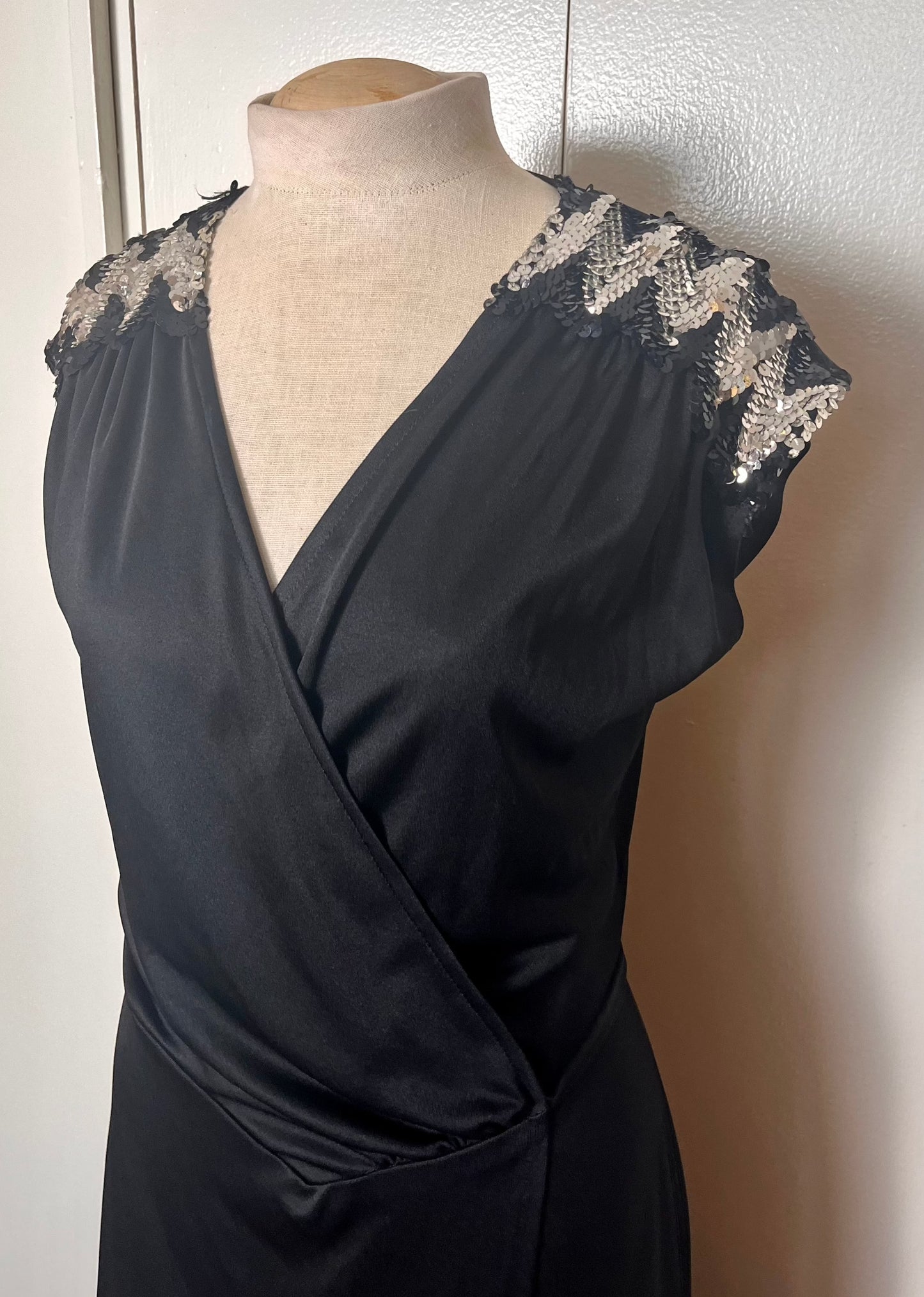 Vintage 1970's Black Jersey Knit Wrap Dress with Sequins